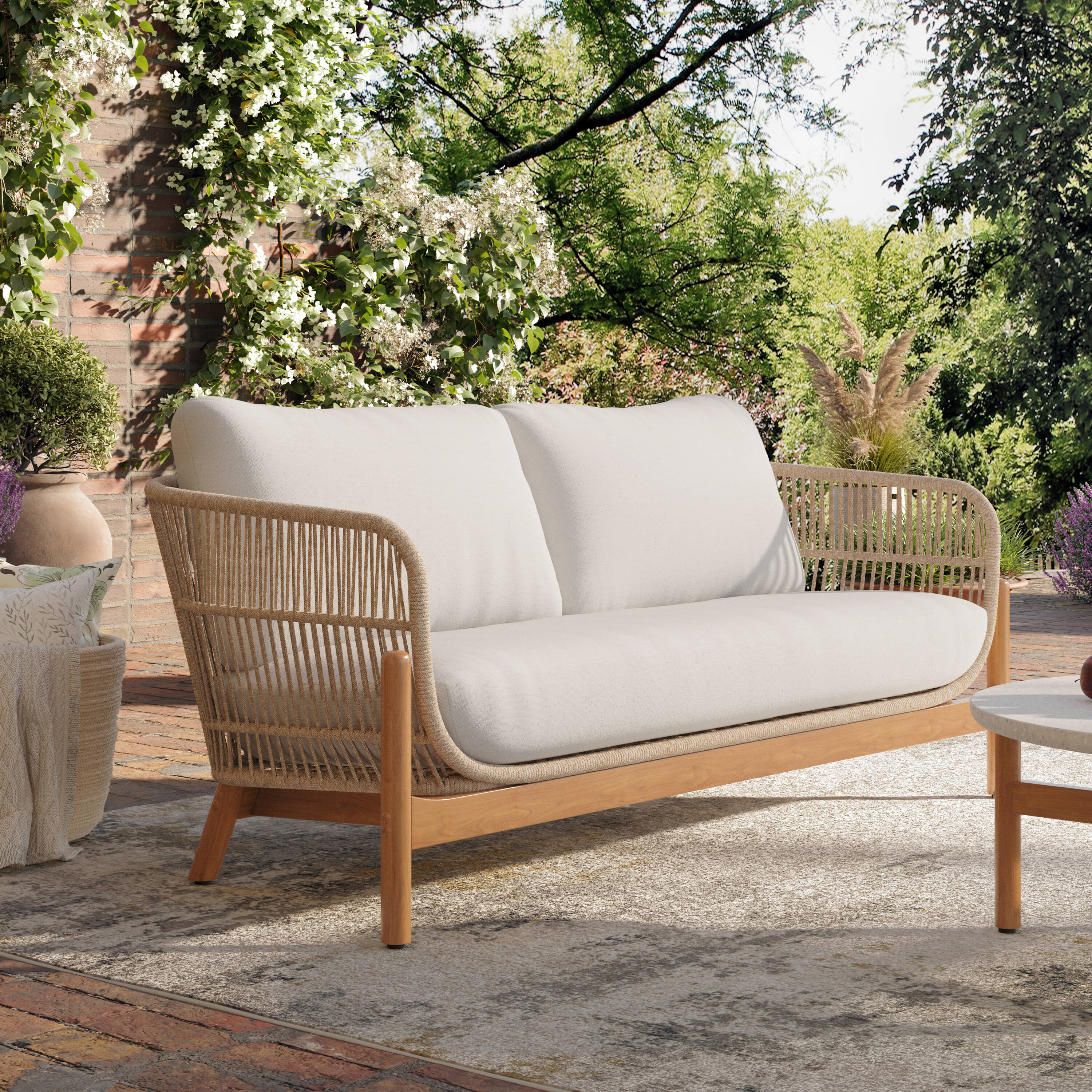 MANHATTAN SQUARE Solstice Outdoor Loveseat with Beige Cushions and Wood Frame in the Patio Sectionals Sofas department at Lowes