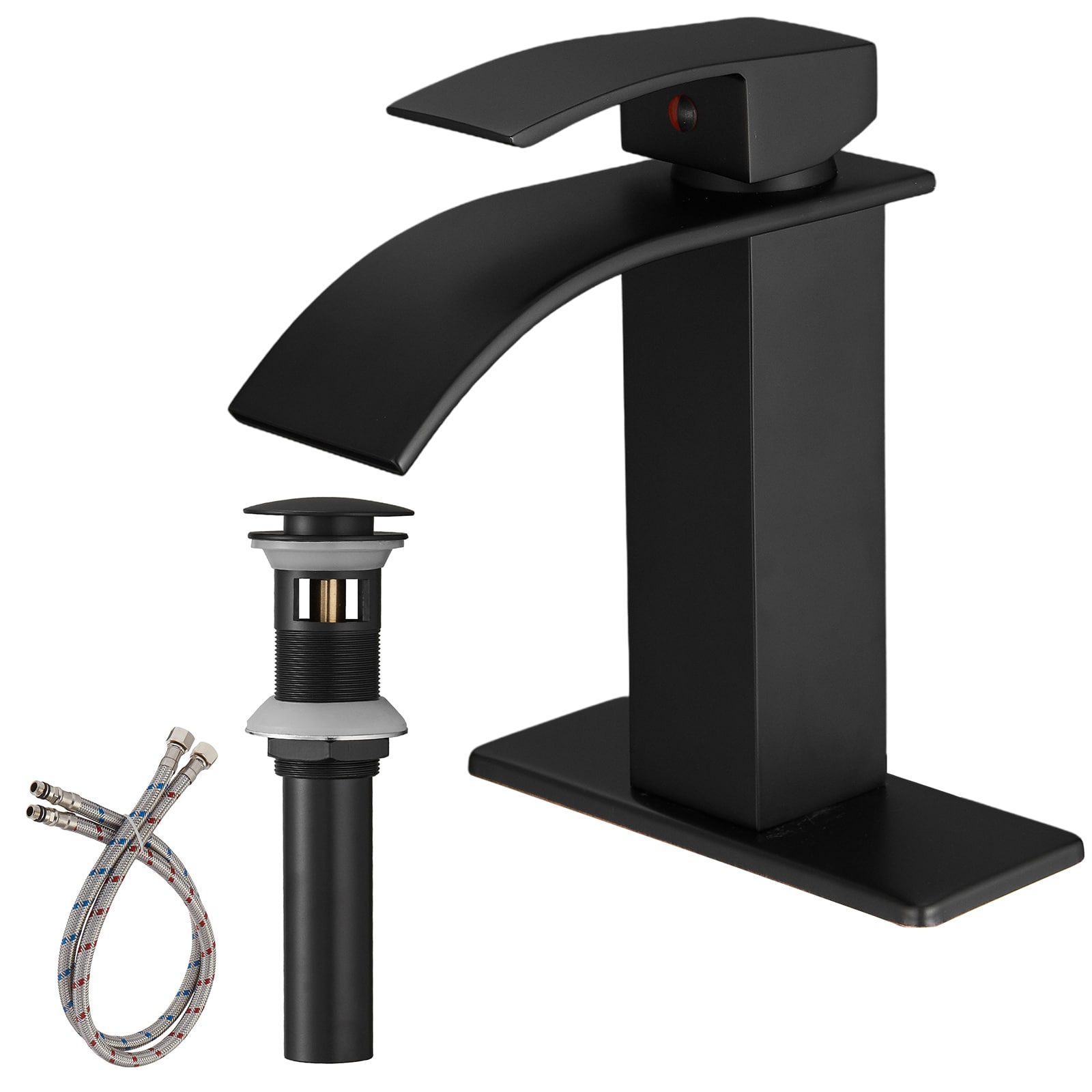 BWE A-96021-B-2 Matte Black Single hole 1-handle WaterSense Waterfall Commercial/Residential Handle Bathroom Sink Faucet with Drain with Deck Plate
