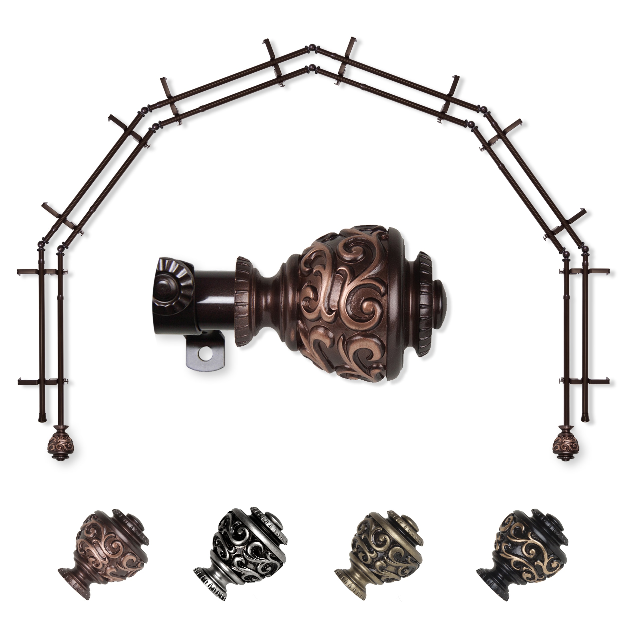 Hart & Harlow L-6BAY-89-7D Gianna 6-Sided Double Bay Cocoa Steel Bay window curtain rod with Finials
