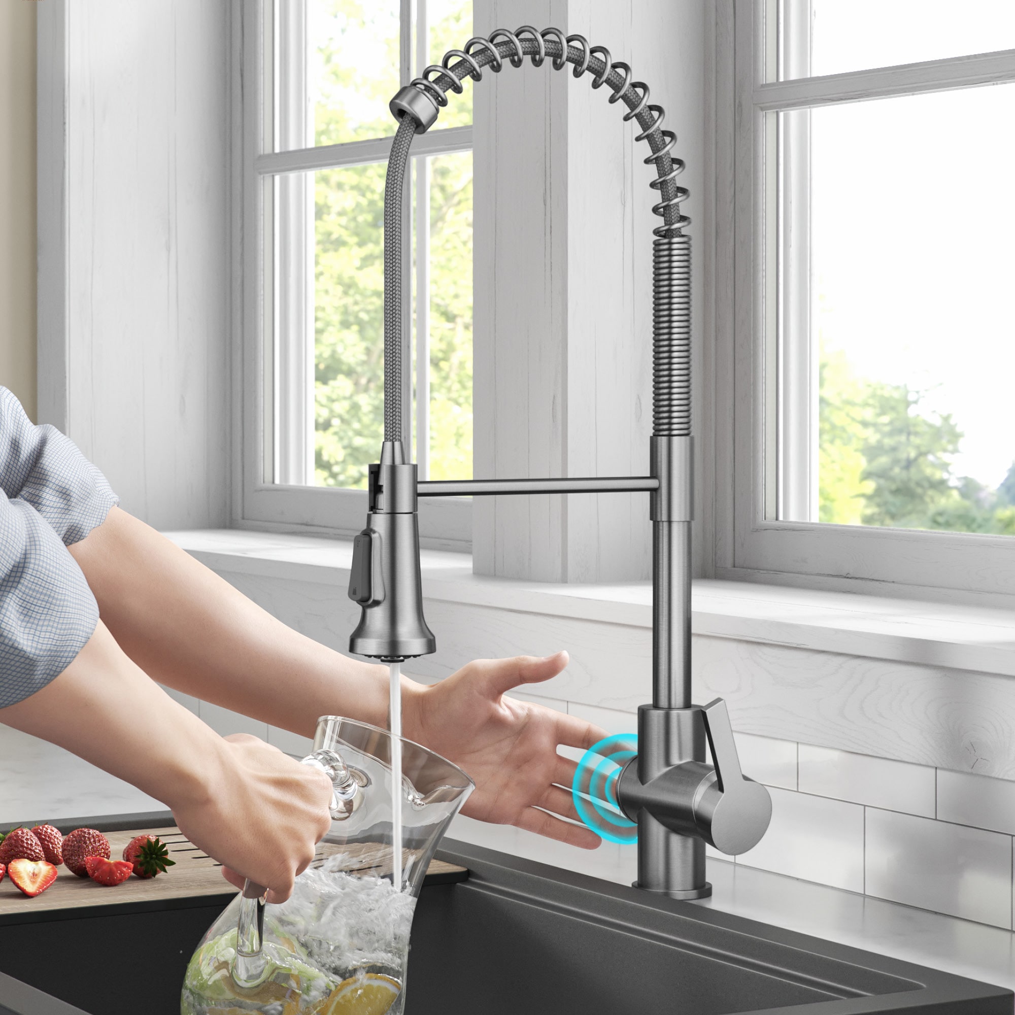 Kraus KSF-1691SFS Britt Spot Free Stainless Steel Single Handle Deck-mount Touchless Pull-down Kitchen Faucet with Sprayer