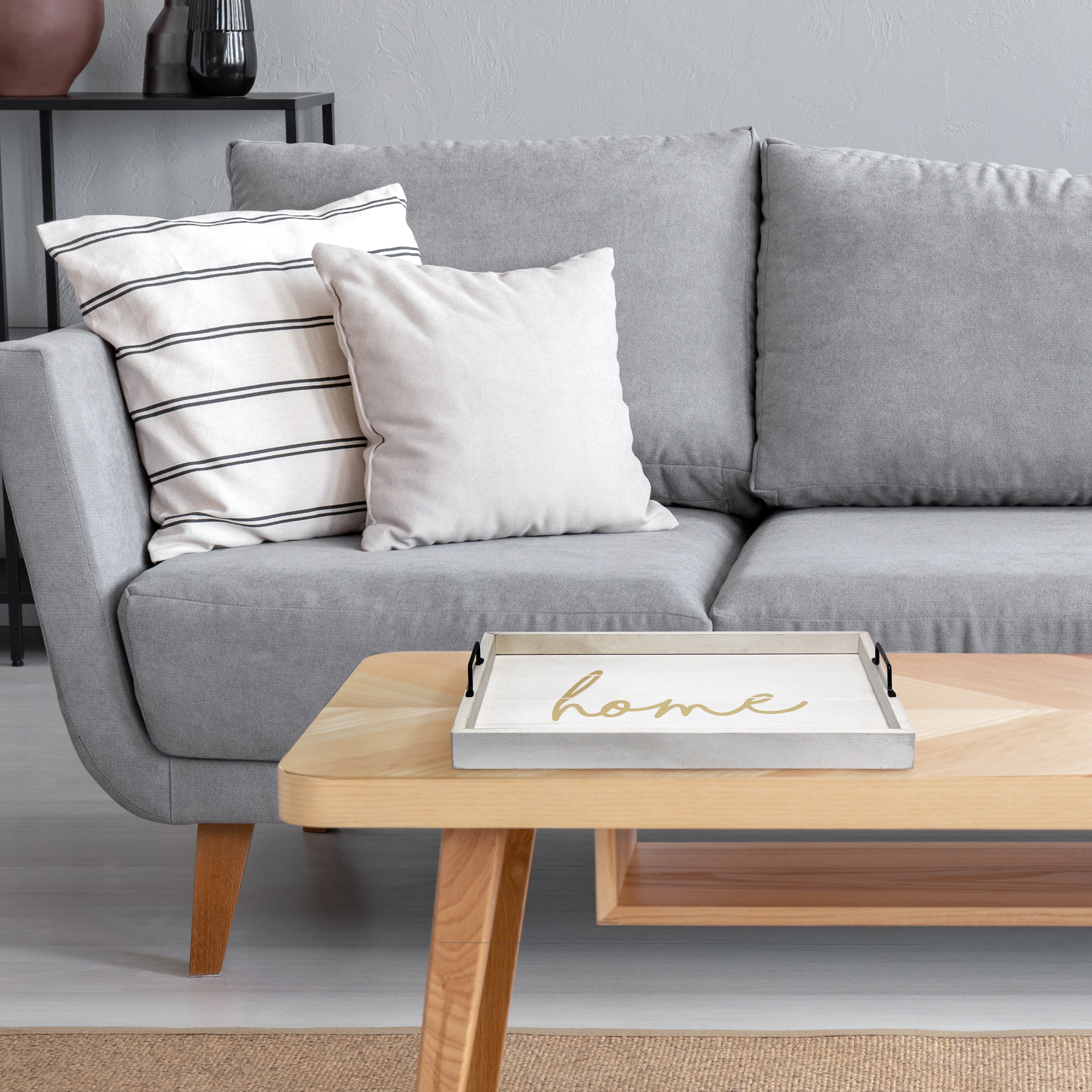 White Wash Wood Serving Tray with Black Metal Handles