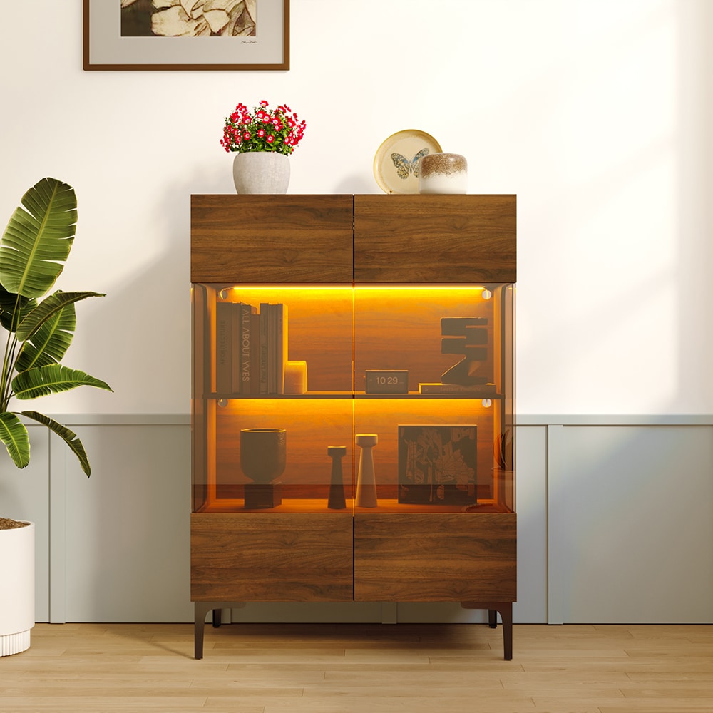 Homsee V-KF520041-01 Modern Walnut Sideboard Cabinet with Tempered Glass Panels and USB Warm Light for Elegant Display
