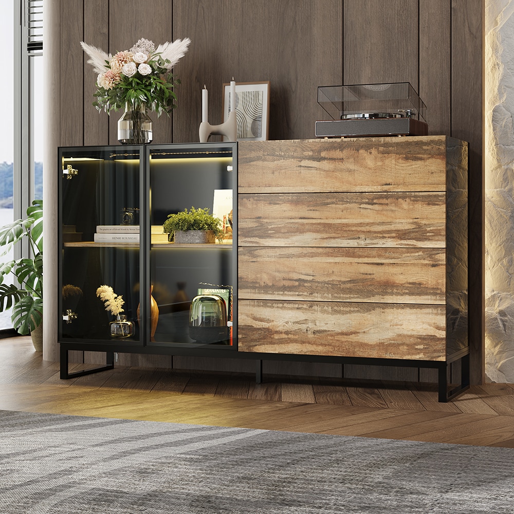 Homsee C-KF260213-01 Two Door Four Drawer Cabinet with Aluminum Frame Wood Grain Finish LED Lighting USB Control and High Gloss Black Panels for Living Room or Office