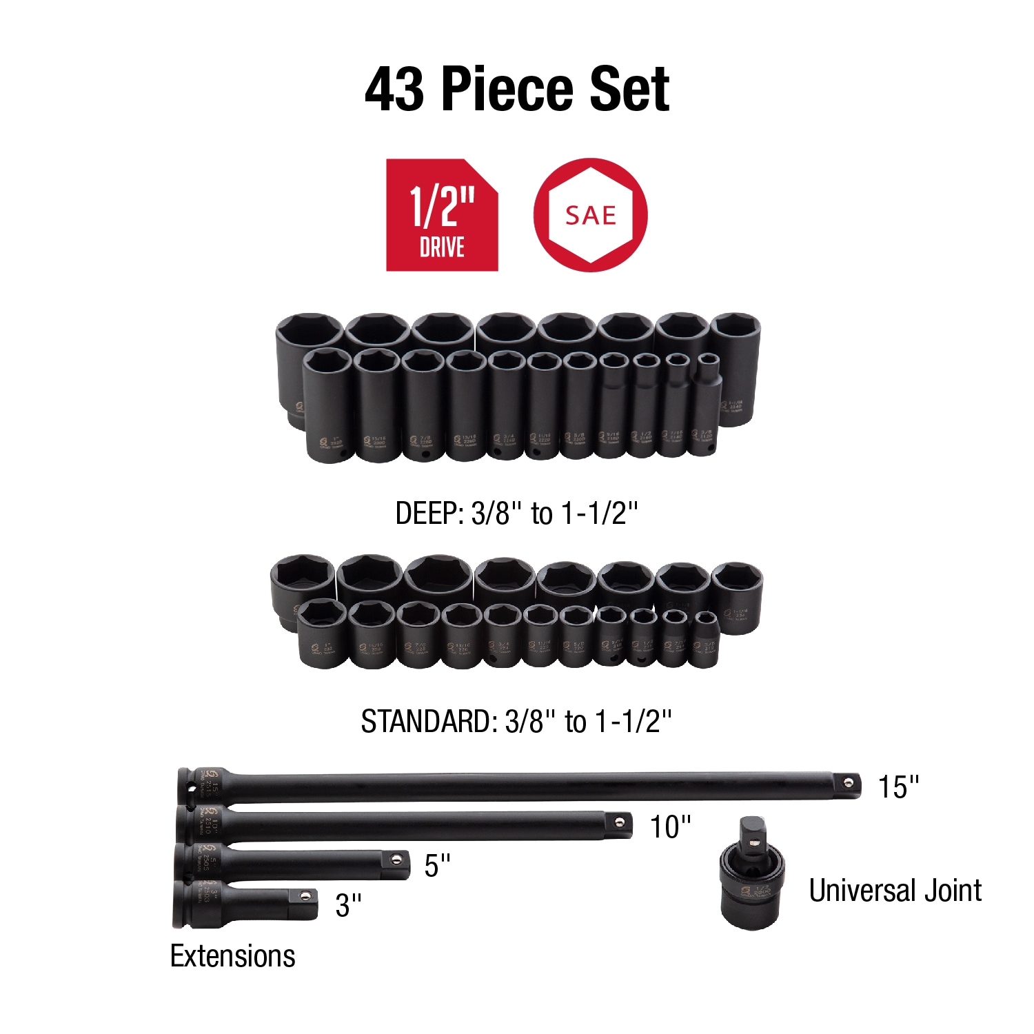 SUNEX TOOLS 43-Piece Standard (SAE) 1/2-in Drive Set 6-point Impact Socket Set 2568 Sansujyuku sansujyuku.com