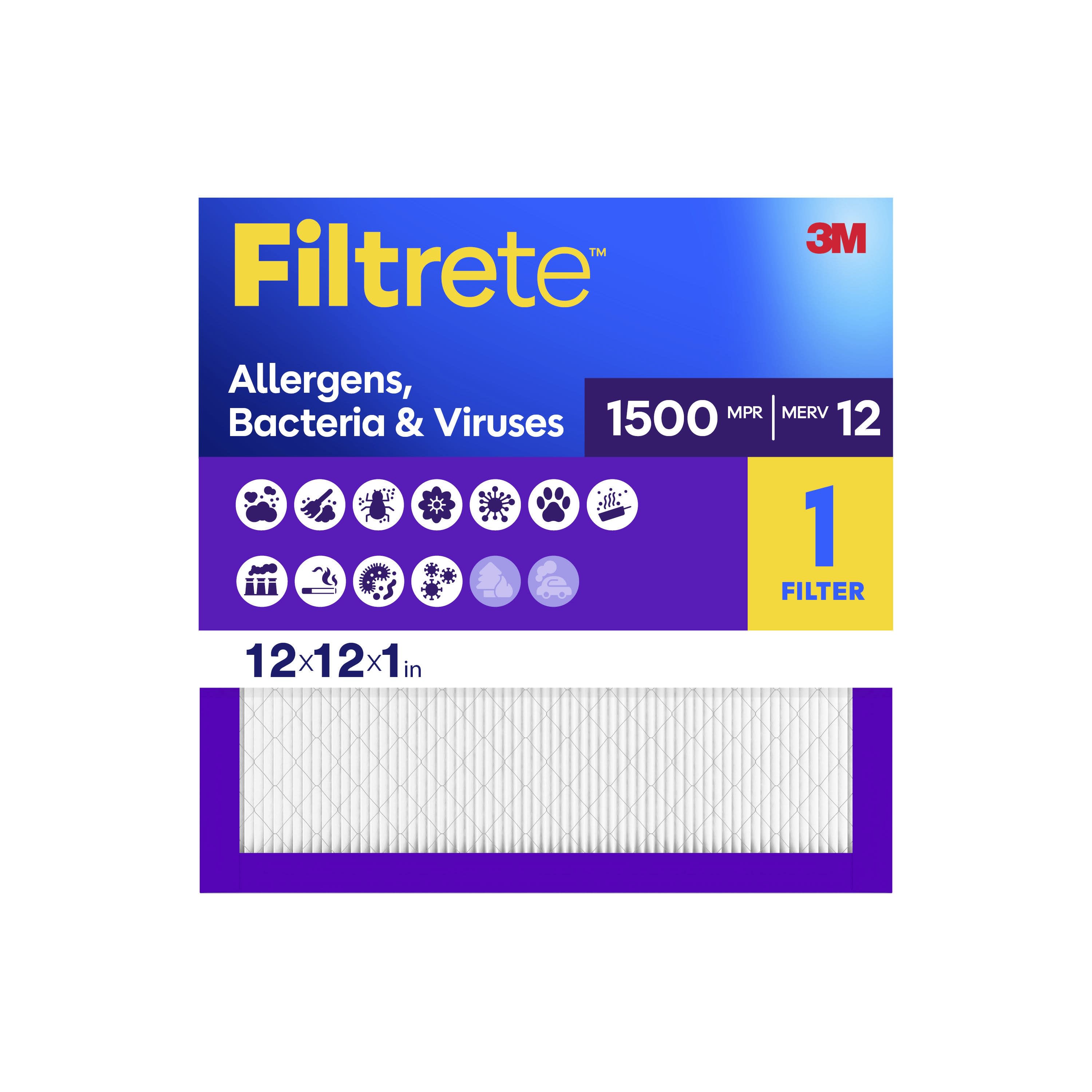 Filtrete 12 x 12 x 1 MERV 12 1500 MPR Allergens, Bacteria Viruses Electrostatic Pleated Air Filter