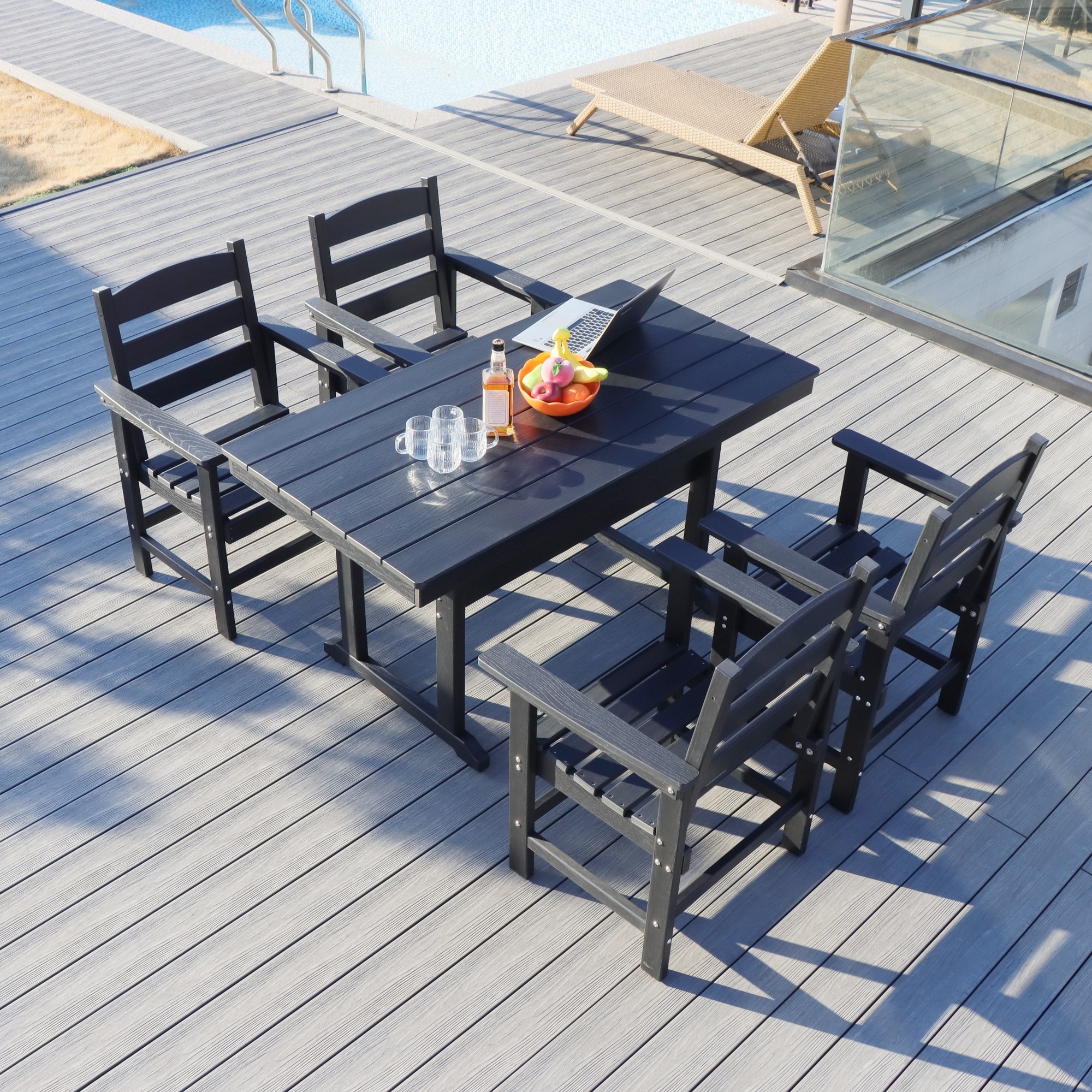 AAZJ JHO-W2681S00005 Patio Dining Sets 5 -Piece Black Patio Dining Set Plastic Rectangle Table with 4 Stationary Chairs