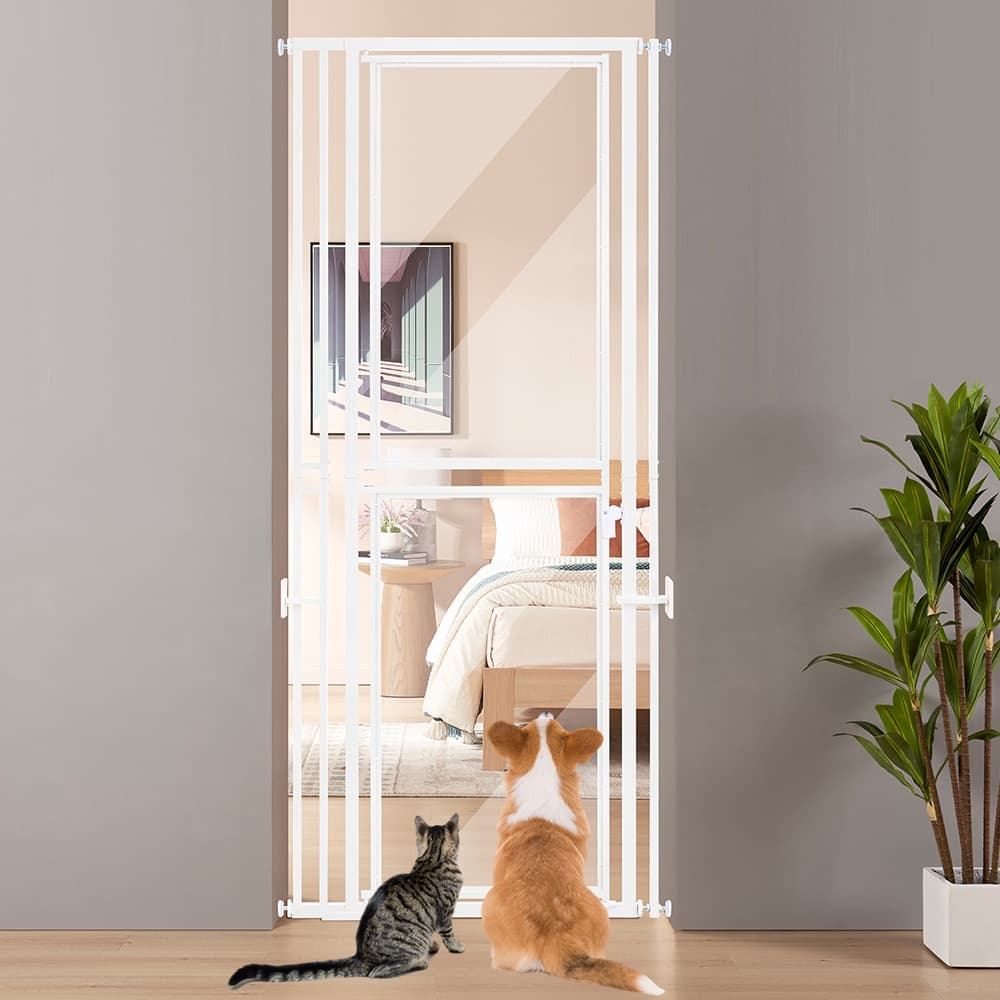 UNIPAWS  Extra Tall Clear Acrylic Pet Gate with Removable Extension 79 in H Pressure Mounted White Metal Frame Fits 27.5 to 37 in W Indoor Doorways