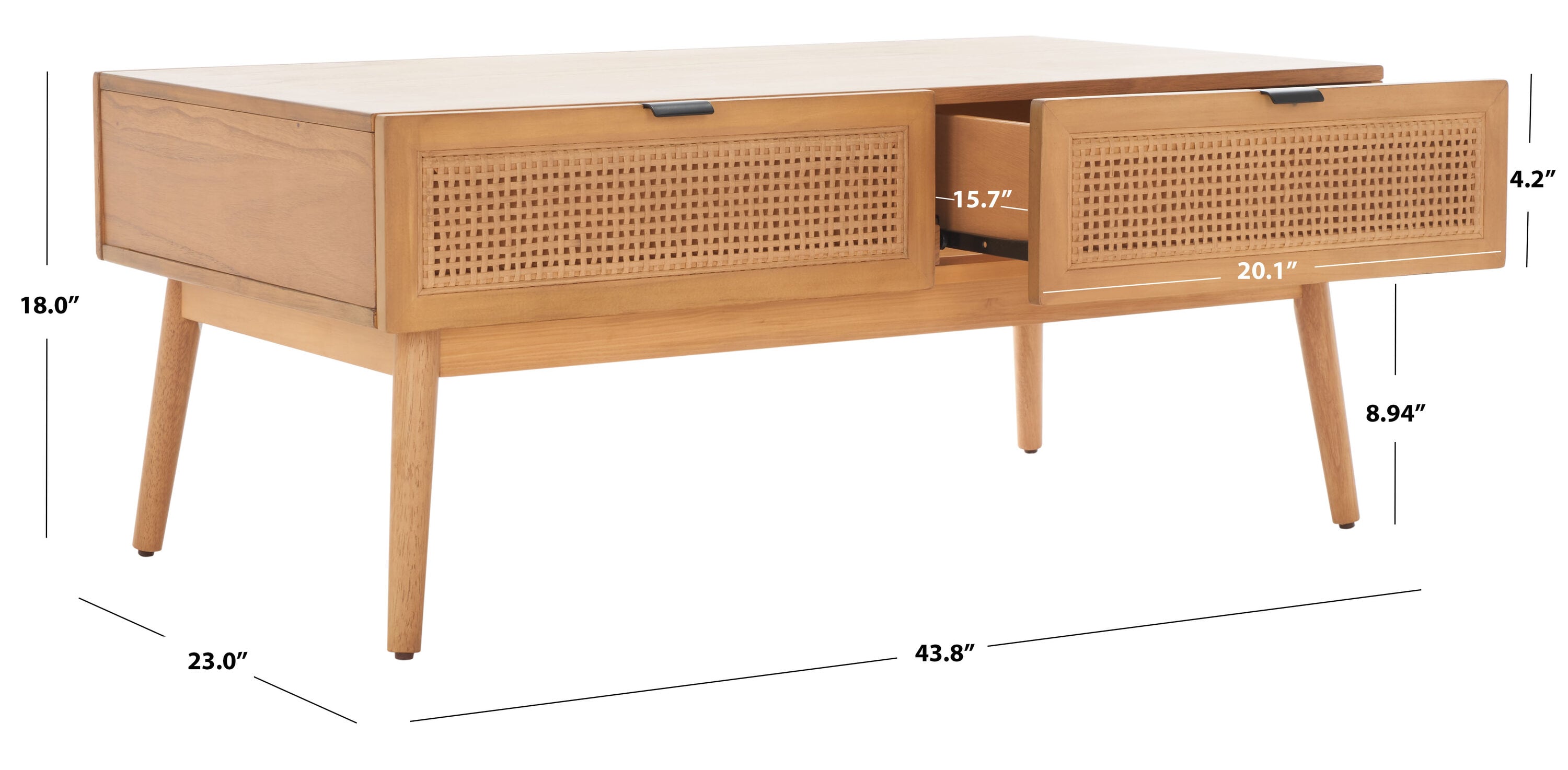 Natural Wood Rectangular Coffee Table with Woven Storage Drawers