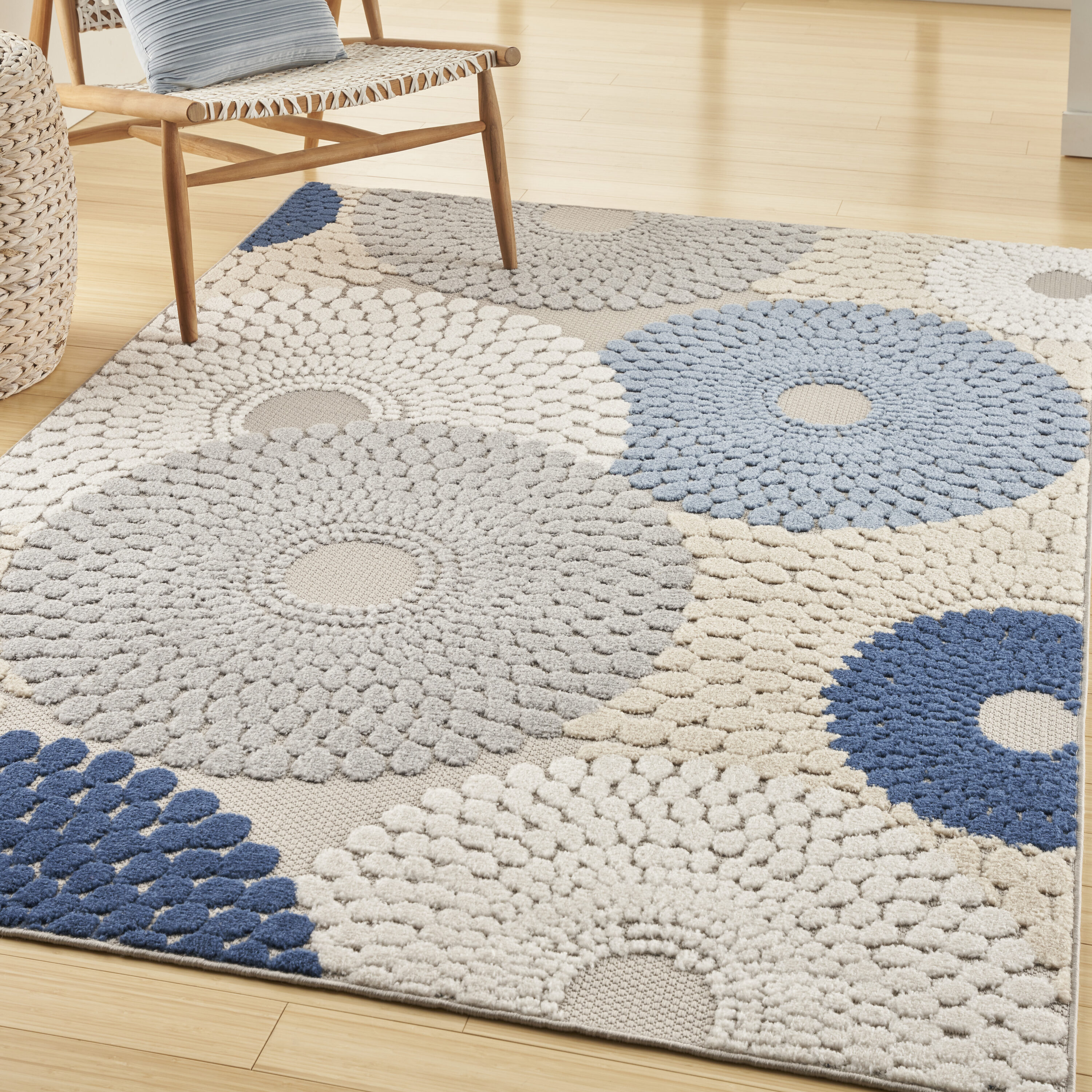 Nourison 099446167248 Aloha 6 x 9 (ft) Loomed Polypropylene Blue/Grey Rectangular Indoor/Outdoor Medallion Tropical Area rug