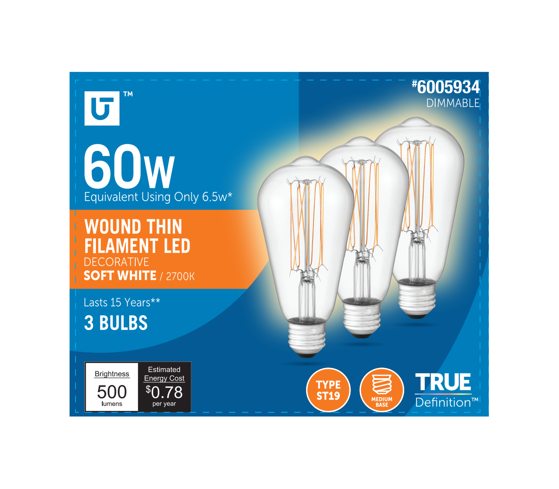 Utilitech 5ST19DG6.5WRNMCL27K3 Thin Curve 60 -Watt EQ ST19 Soft white E26 Dimmable LED General purpose Light Bulb 3 -Pack