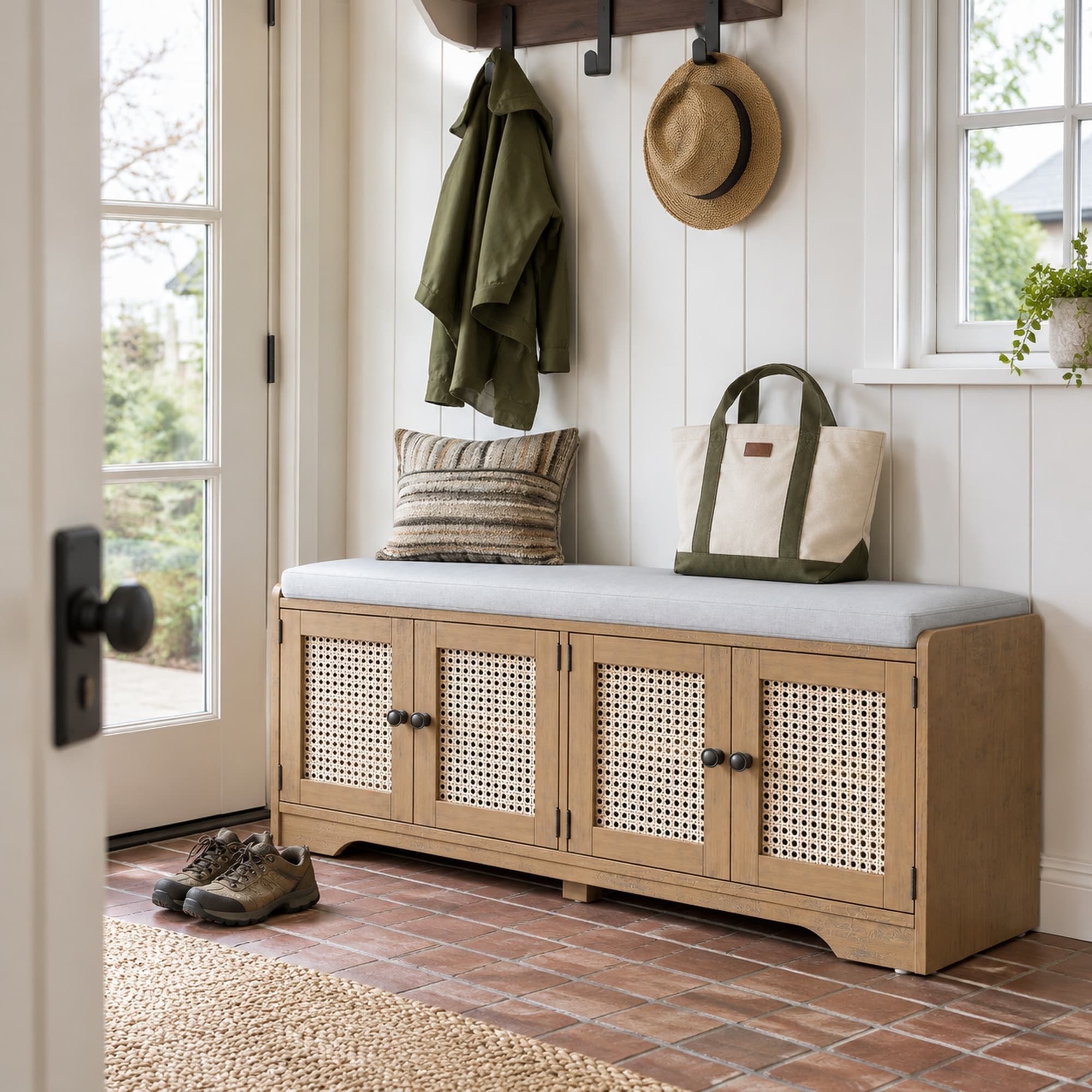 TEINIE Rustic Storage Bench Wood Entryway Shoe Bench Removable Cushion ...