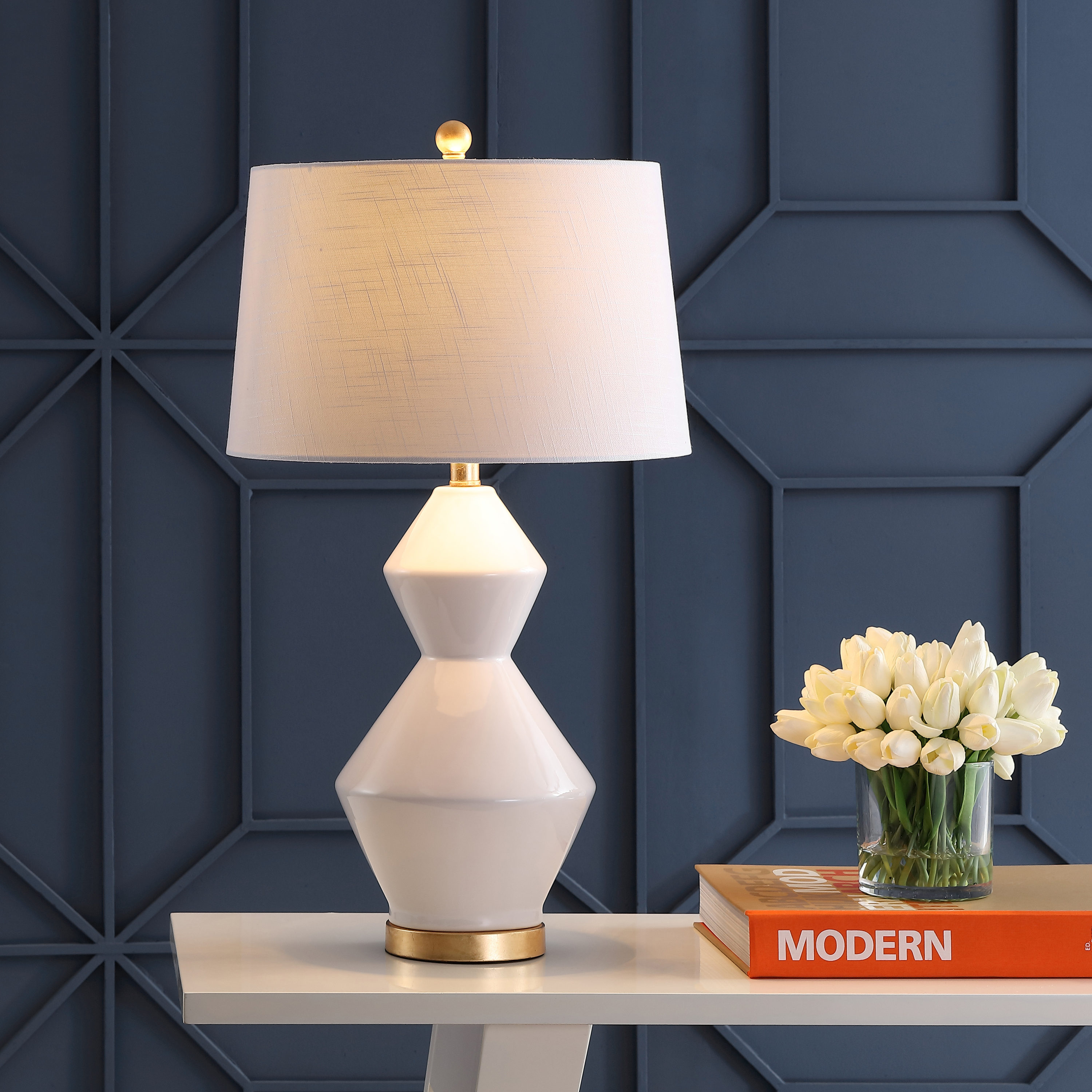 JONATHAN  Y JYL4013A Alba Geometric Ceramic/Metal Transitional 29-in White/Gold Leaf LED Incandescent Rotary socket Table Lamp with Linen Shade