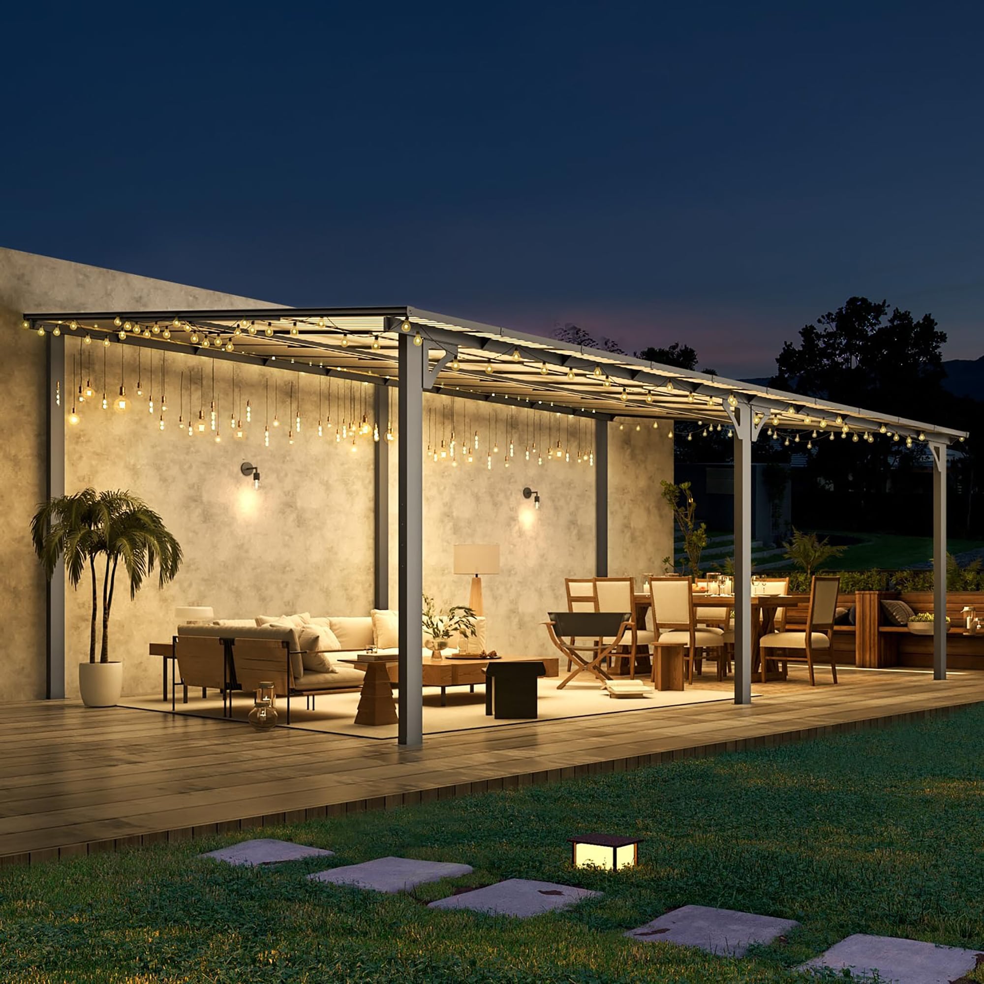 Clihome - Wall Mounted Lean To Gazebo 20-ft x 12-ft Hardtop Roof Iron Gazebo