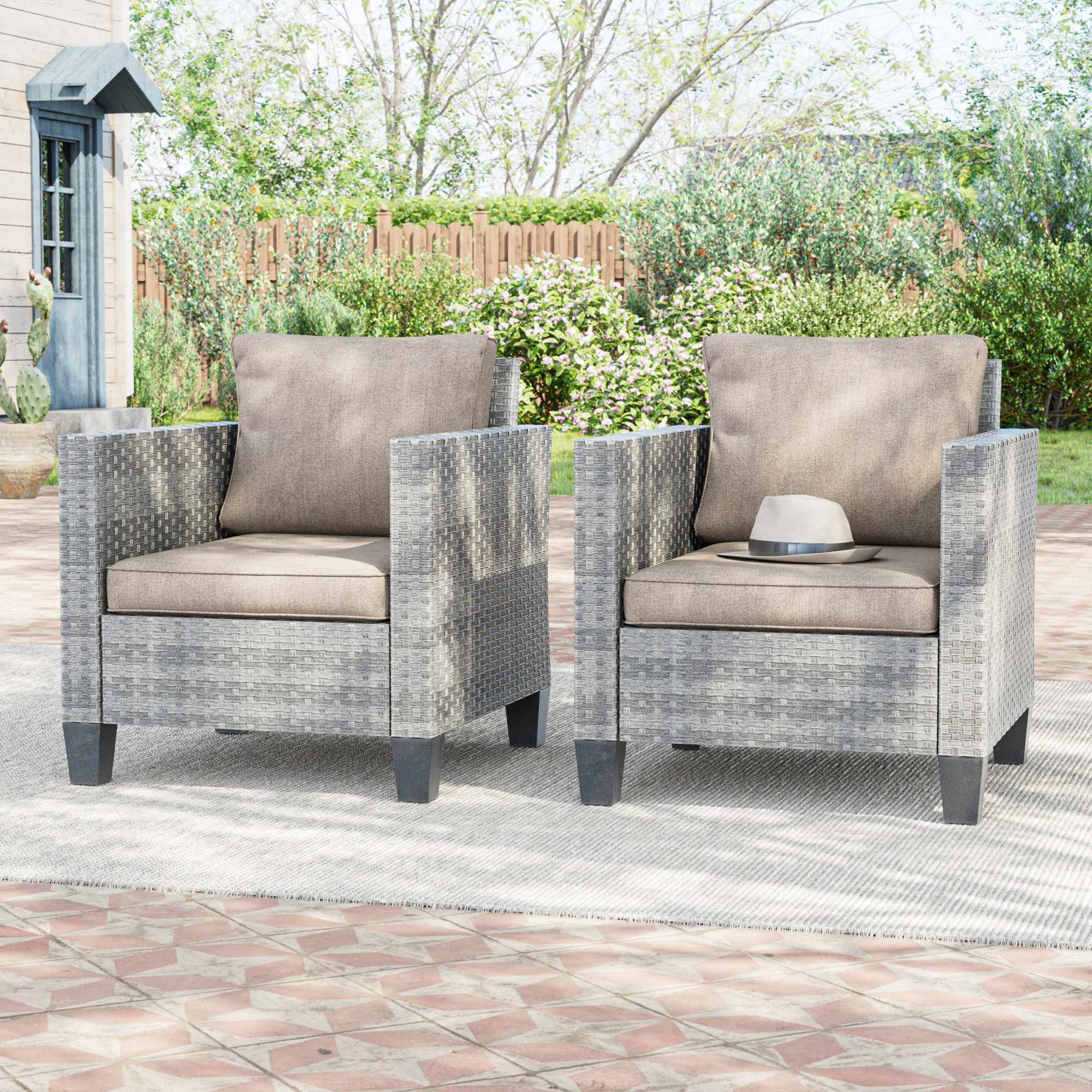 Aok Garden - Outdoor 2 Pieces Patio Chairs Brown Wicker with Beige Cushions