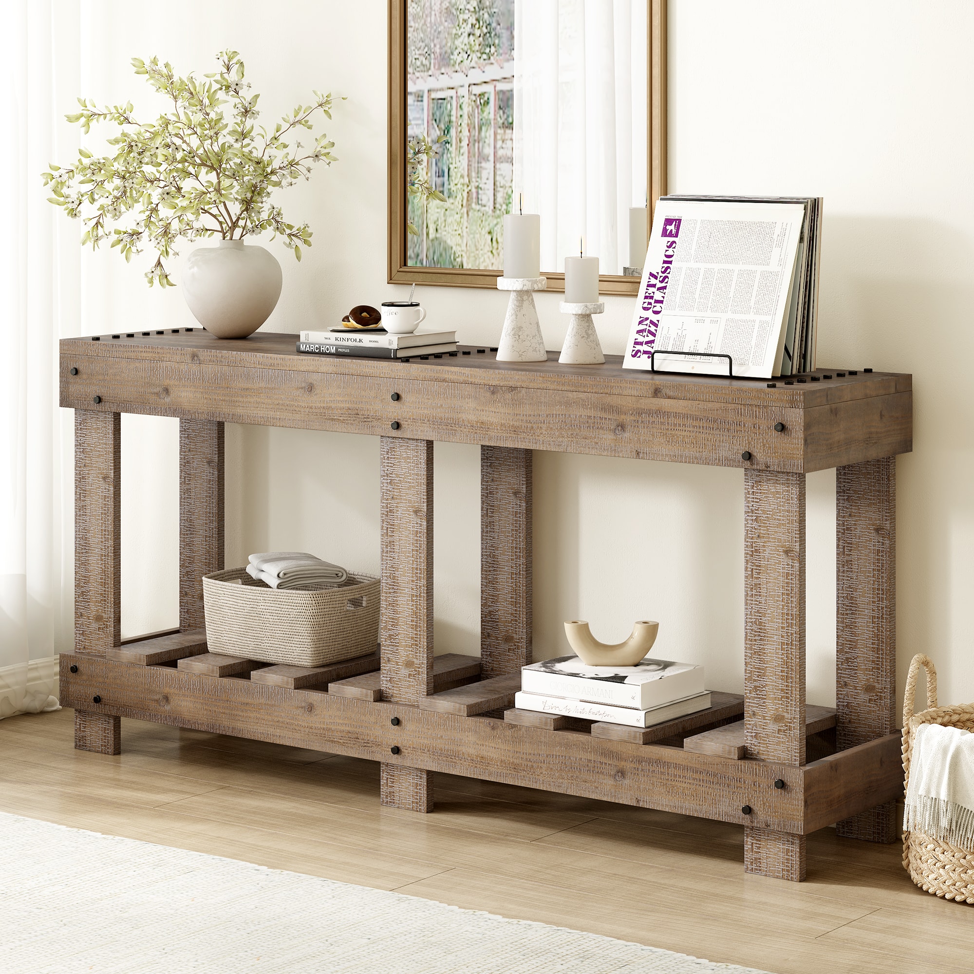 LOVMOR SF-Y-N711P289135O 62.9in  Vintage Entryway Table Fir Solid Wood with Natural Grain 6 Reinforced Legs and 4.5in Thick Desktop Metal Rivet Decor and Plank Under Shelf Console Table for Hallway Living Room