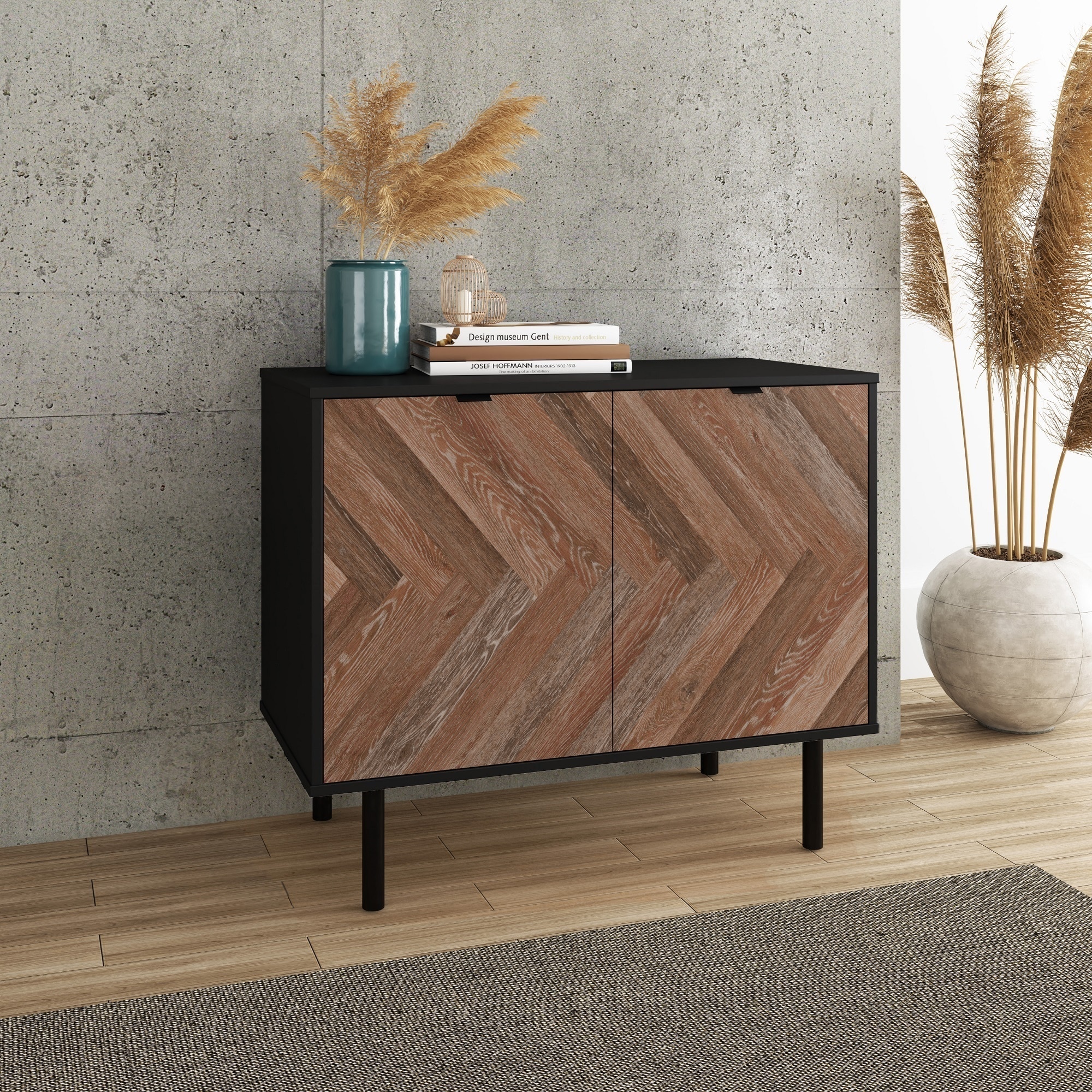 Manhattan Comfort AC-310AMC248 35.43-in W 2-Door Black and Brown Wood Print Accent Cabinet