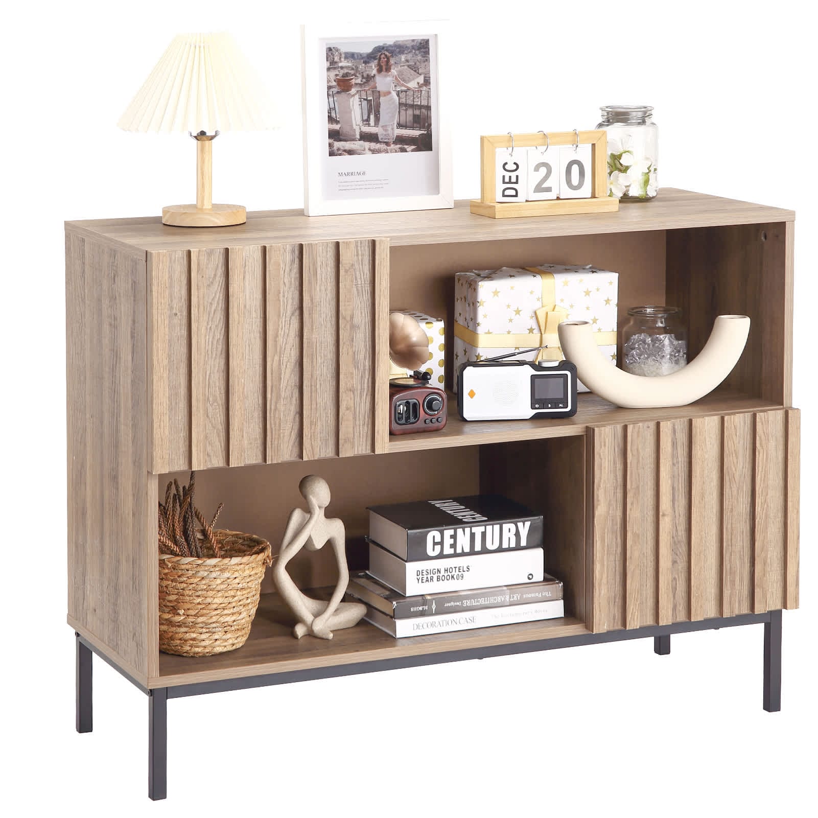 Qeetex JXNAG-PHO-11V1JRO3 Entryway Table Modern Farmhouse Buffet Storage Cabinet Console Table Behind Couch Table with Display Shelf and Metal Legs Accent Cabinet for Living Room Hallway