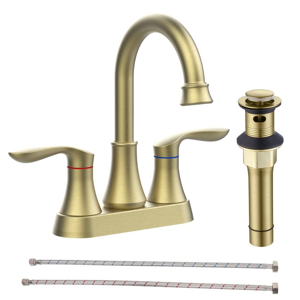 LuckByte Two Handle 1-Spray Shower Faucet 2.2 GPM with 360 Swivel Spout Pop-up Drain Supply Hoses Centerset in Brushed Gold