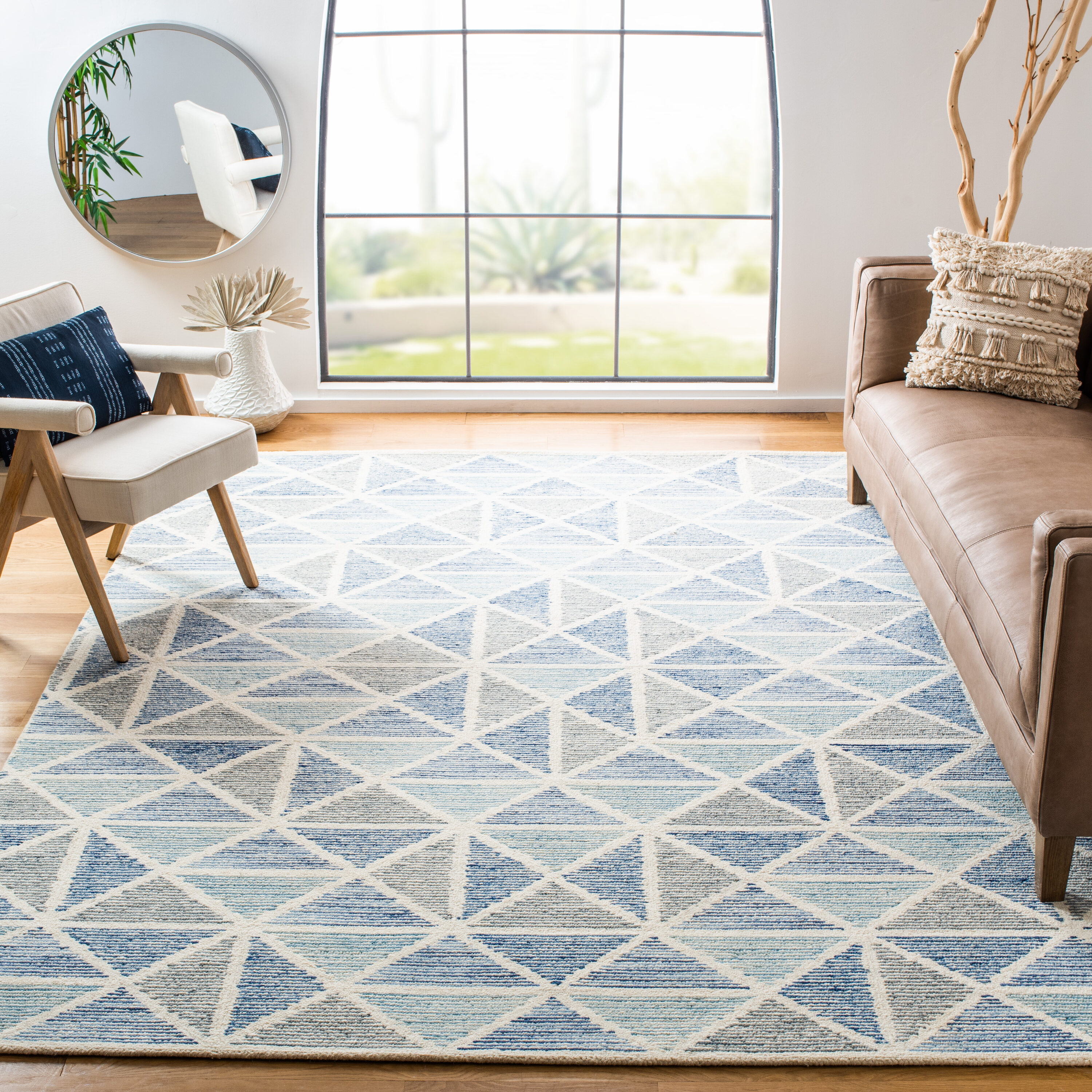 Abstract 8 x 10 (ft) Tufted Wool Ivory/Blue Rectangular Indoor Geometric Mid-Century Modern Professionally Clean Only Area rug