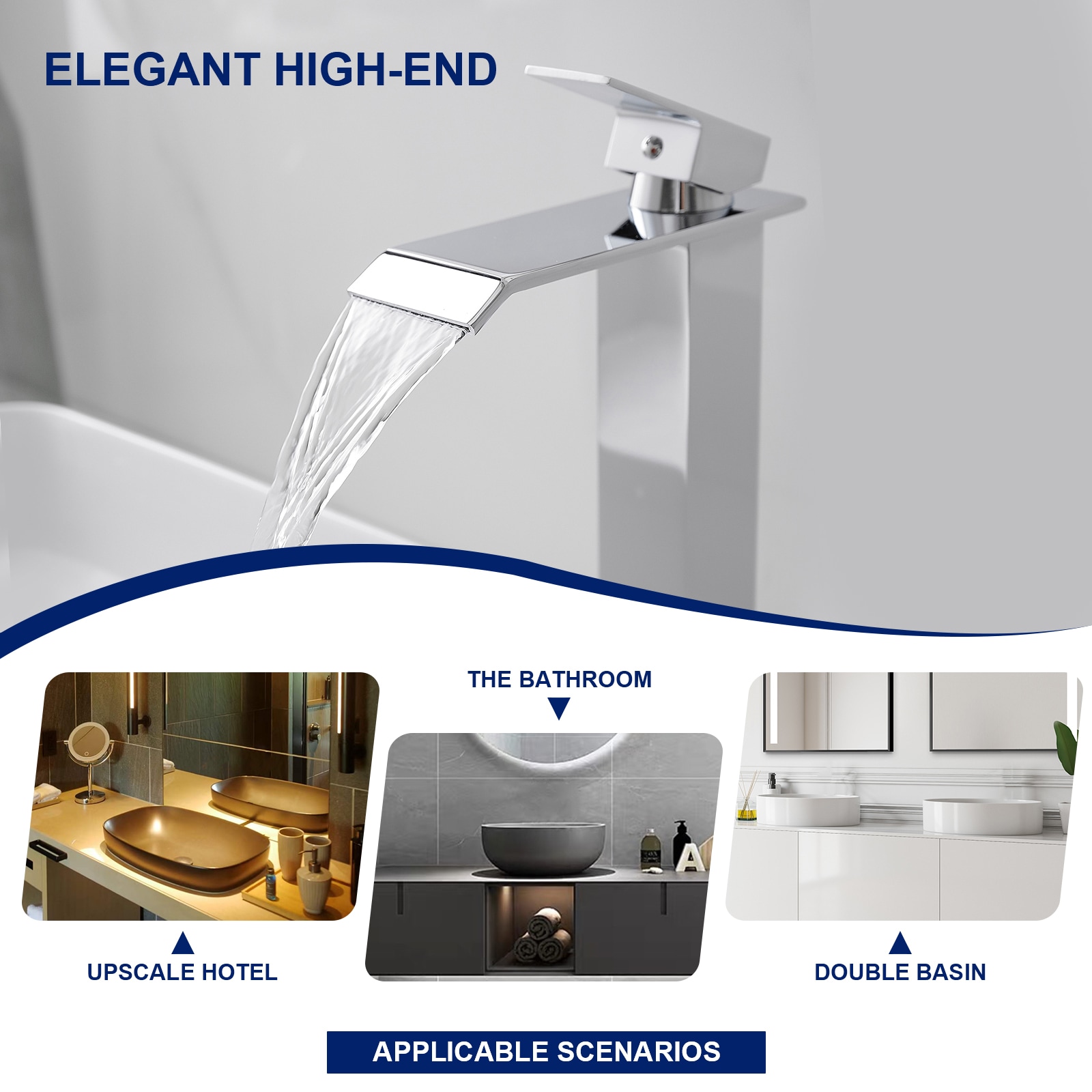 Polished Chrome Waterfall Vessel Sink Faucet with Pop-Up Drain