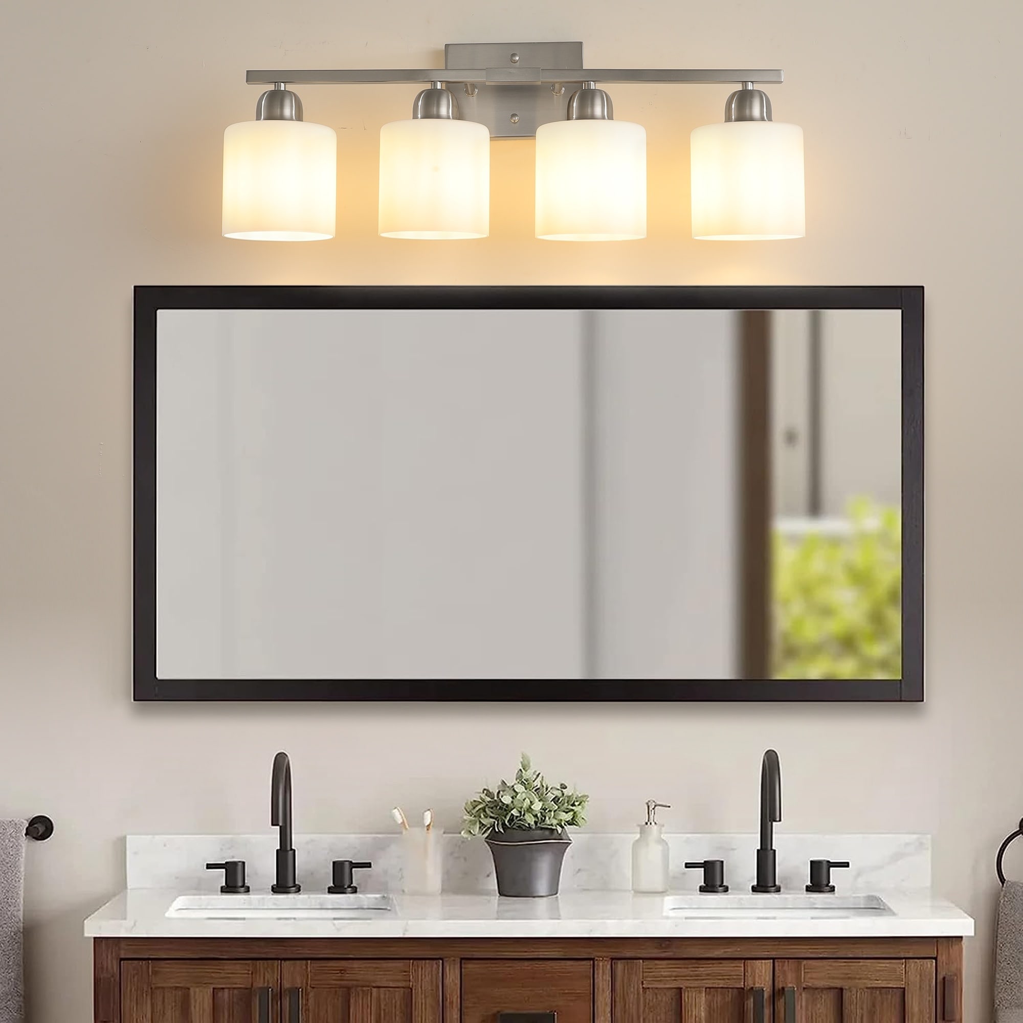 UOI 25 inch x 7 inch x 9 inch Brushed Nickel Modern Vanity Light with 4-Light and Milky White Frosted Glass Shades
