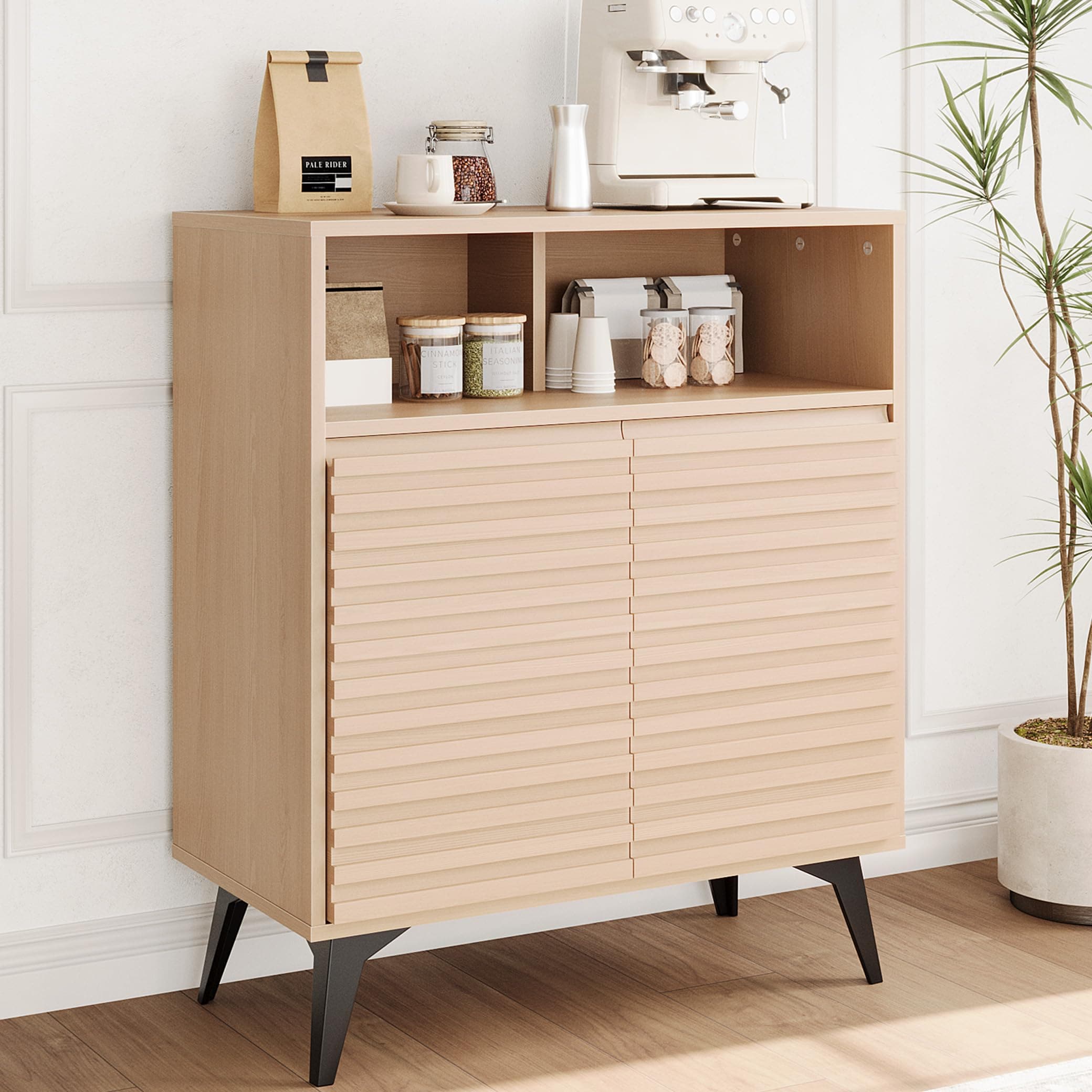 GarveeLife Fluted Storage Cabinet Sideboard Buffet Cabinet with Storage and Adjustable Shelves for Living Room Kitchen Entryway