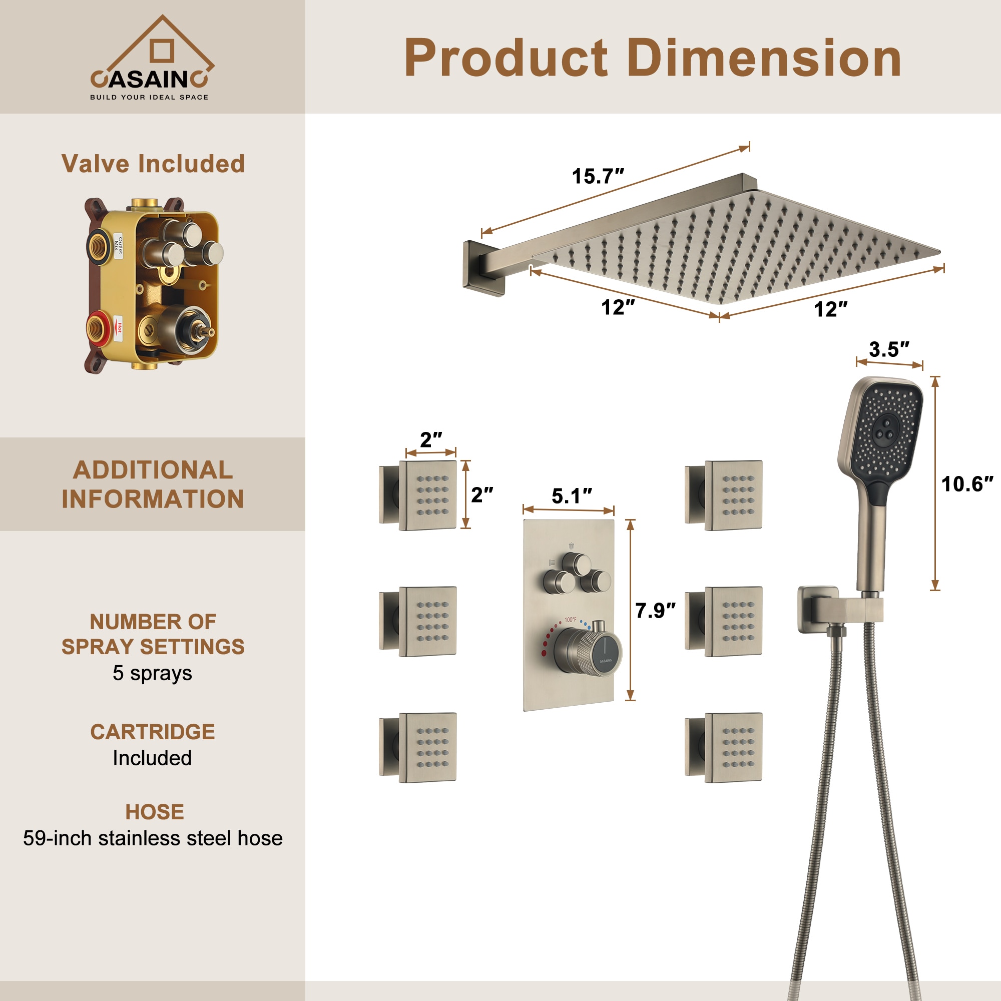CASAINC CS6219-12BN Showerhead-Bar-Panels - View #5