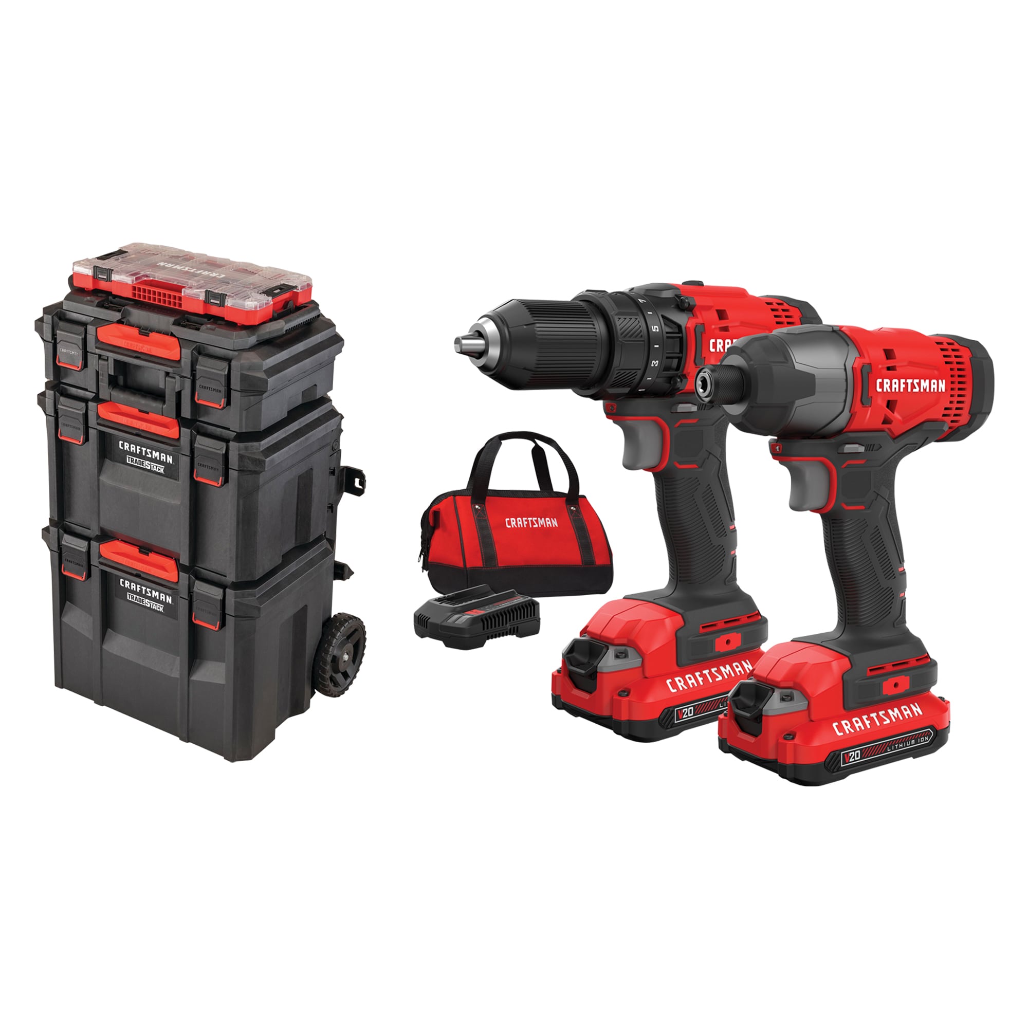 Shop CRAFTSMAN V20* 2-Tool Power Tool Combo Kit with Soft Case (2-Batteries  Included and Charger Included)  TradeStack System Tower 22-in Black  Plastic Wheels Lockable Tool Box at