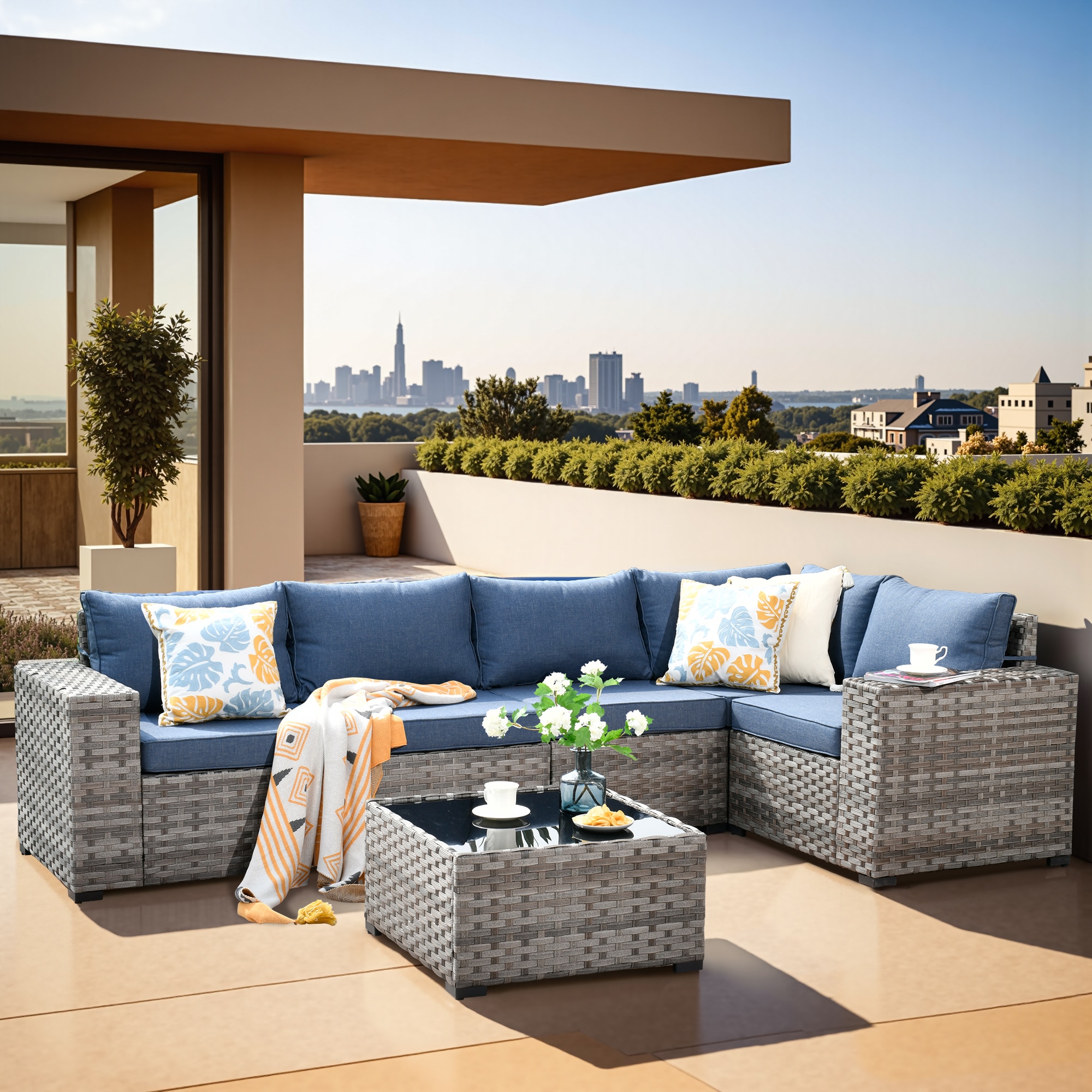 Ovios KFS300 Shine Rattan Outdoor Sectional with Blue Cushions and Rattan Frame