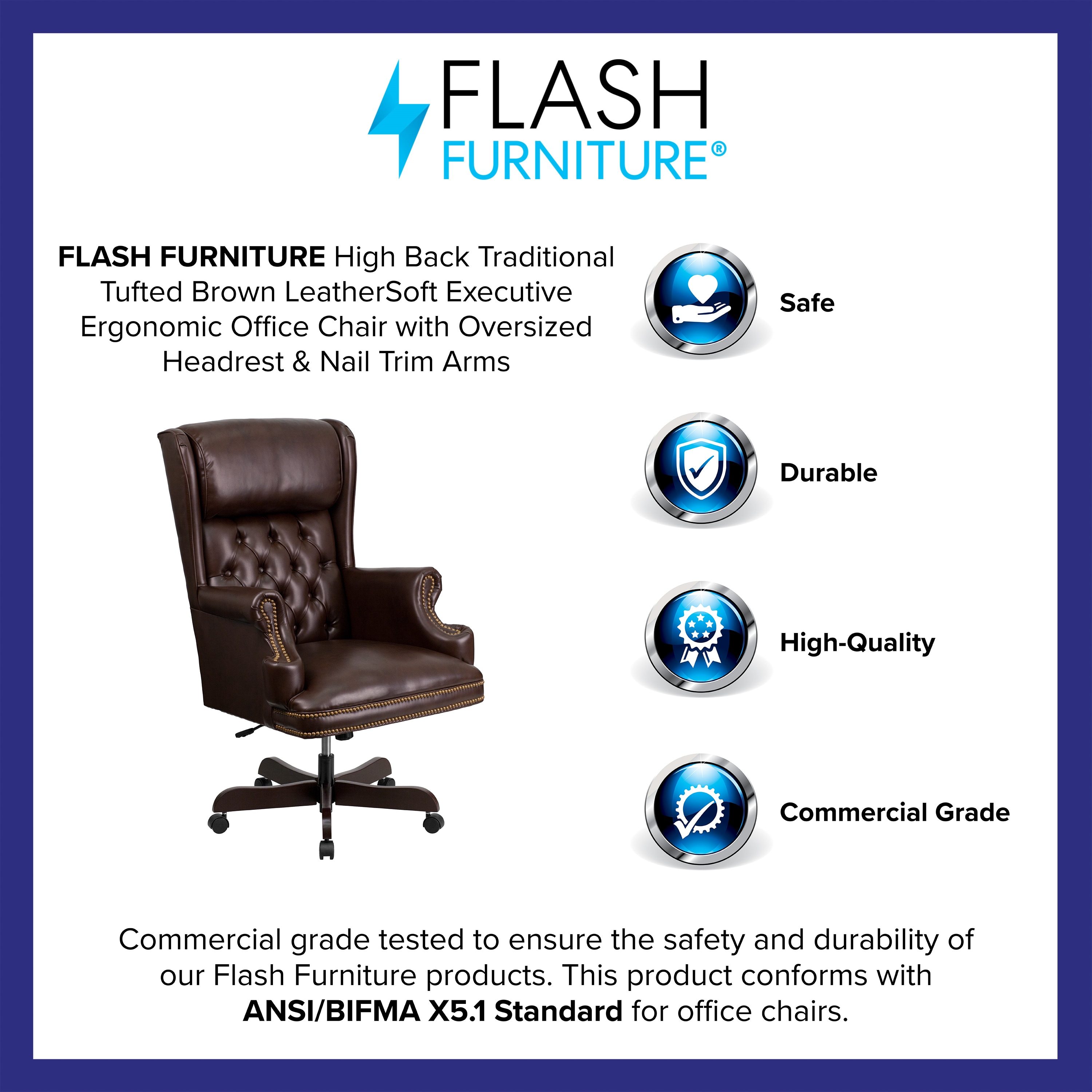 Ergonomic High-Back Executive Chair in Brown LeatherSoft with Mahogany Wood Base