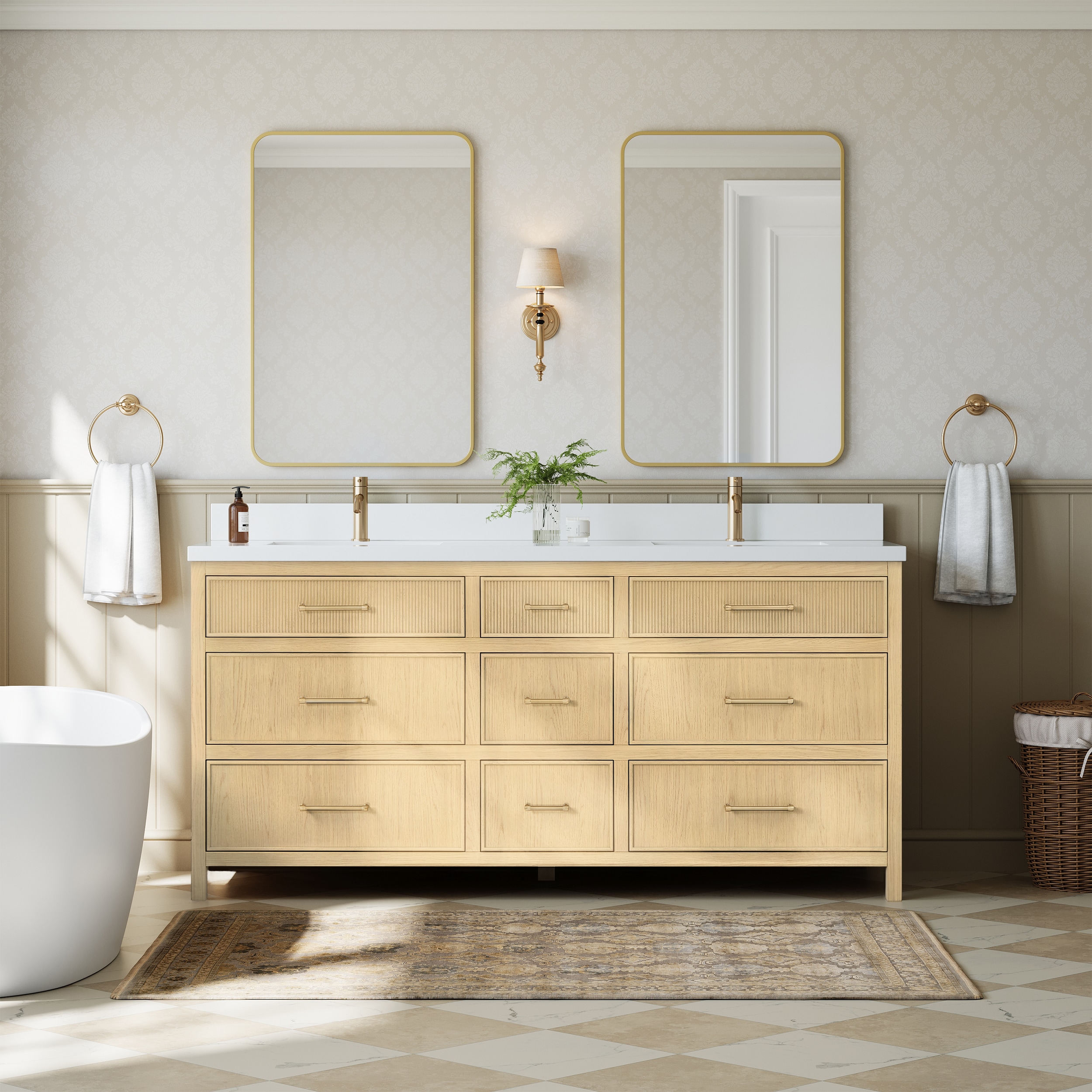 Wyndham Collection Isola 72 Inch Double Bathroom Vanity in Scandinavian Oak, White Quartz Countertop, Undermount Square Sinks (1-Hole), Satin Bronze Trim