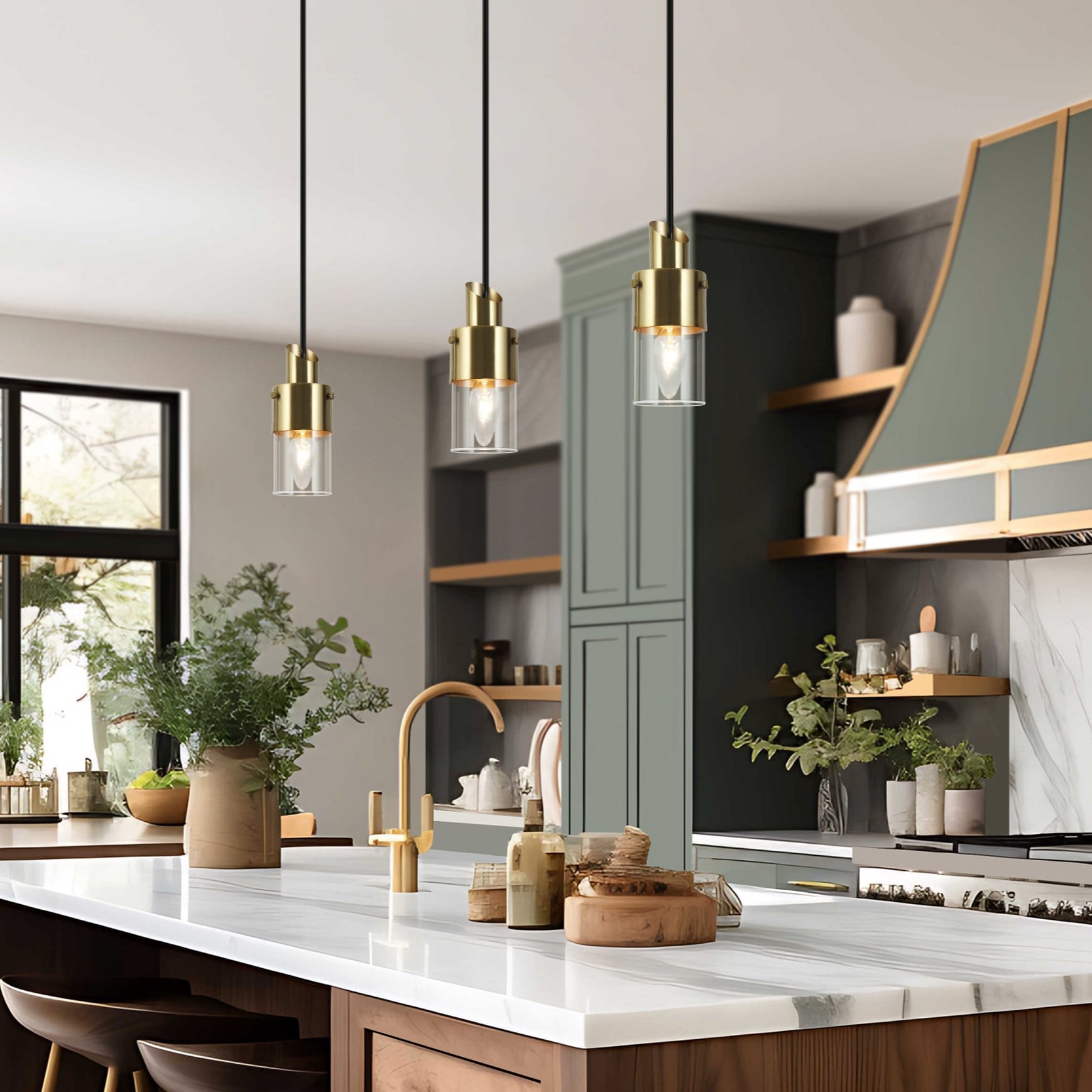 ZEVNI L3RYUEZNW4458SP7 Cluston Black/Polished Glam Brass Transitional Clear glass Cylinder Mini Hanging Pendant light