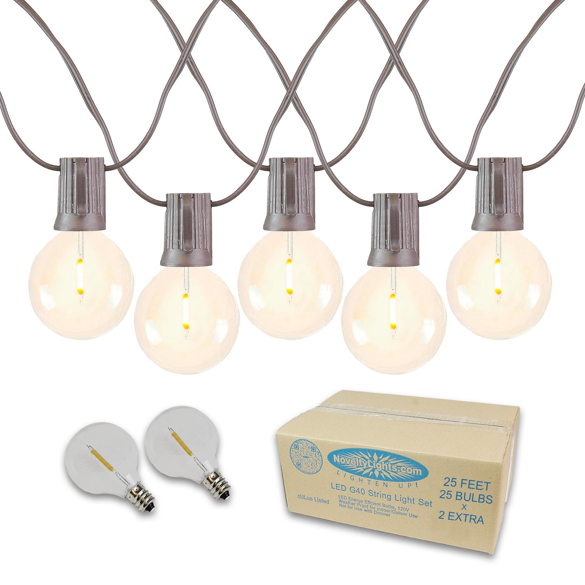 Novelty Lights LED-G40-25-BW-FBWW 25FT G40 LED Patio String Lights Outdoor Lights String Shatterproof Plastic LED Bulbs With End-To-End Connections Weatherproof Balcony Lights 27 Plastic LED Bulbs (Brown Wire)
