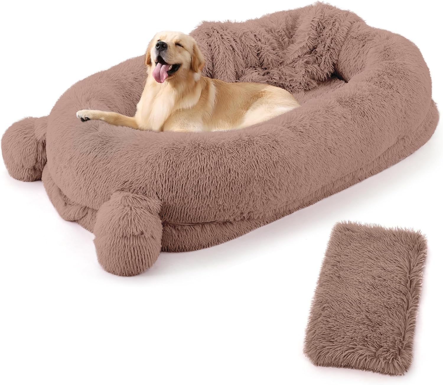 Garvee 71Inch Human Sized Dog Bed with Plush Blanket 2 Side Storage Pockets Portable Handle Removable Washable Cover Luxury Faux Fur Large Pet Bed for Adults Khaki