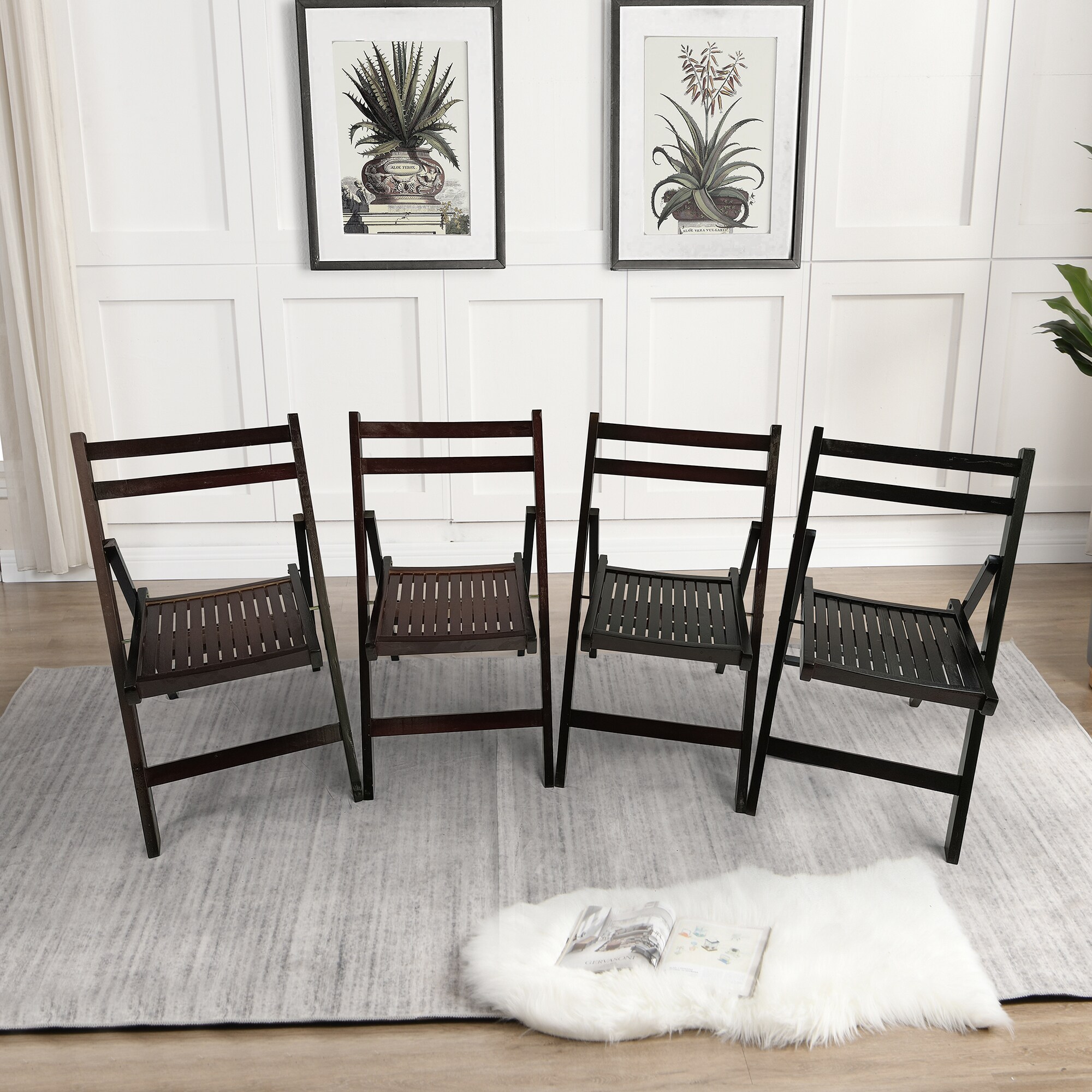 Clihome CL-BHF28DBL Patio Folding Chair Set of 4 Stackable black Wood Frame Stationary Conversation Chair with Slat Seat