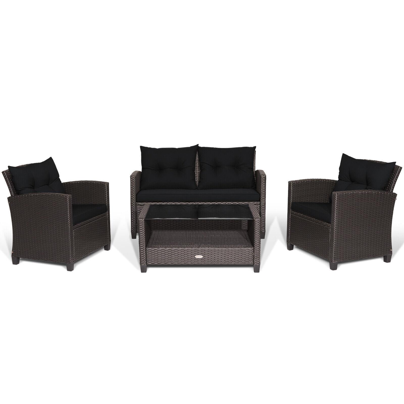 Clihome CL-BK+-66742 4 -Piece Rattan Patio Sofa Conversation Set with Black Polyester Cushions