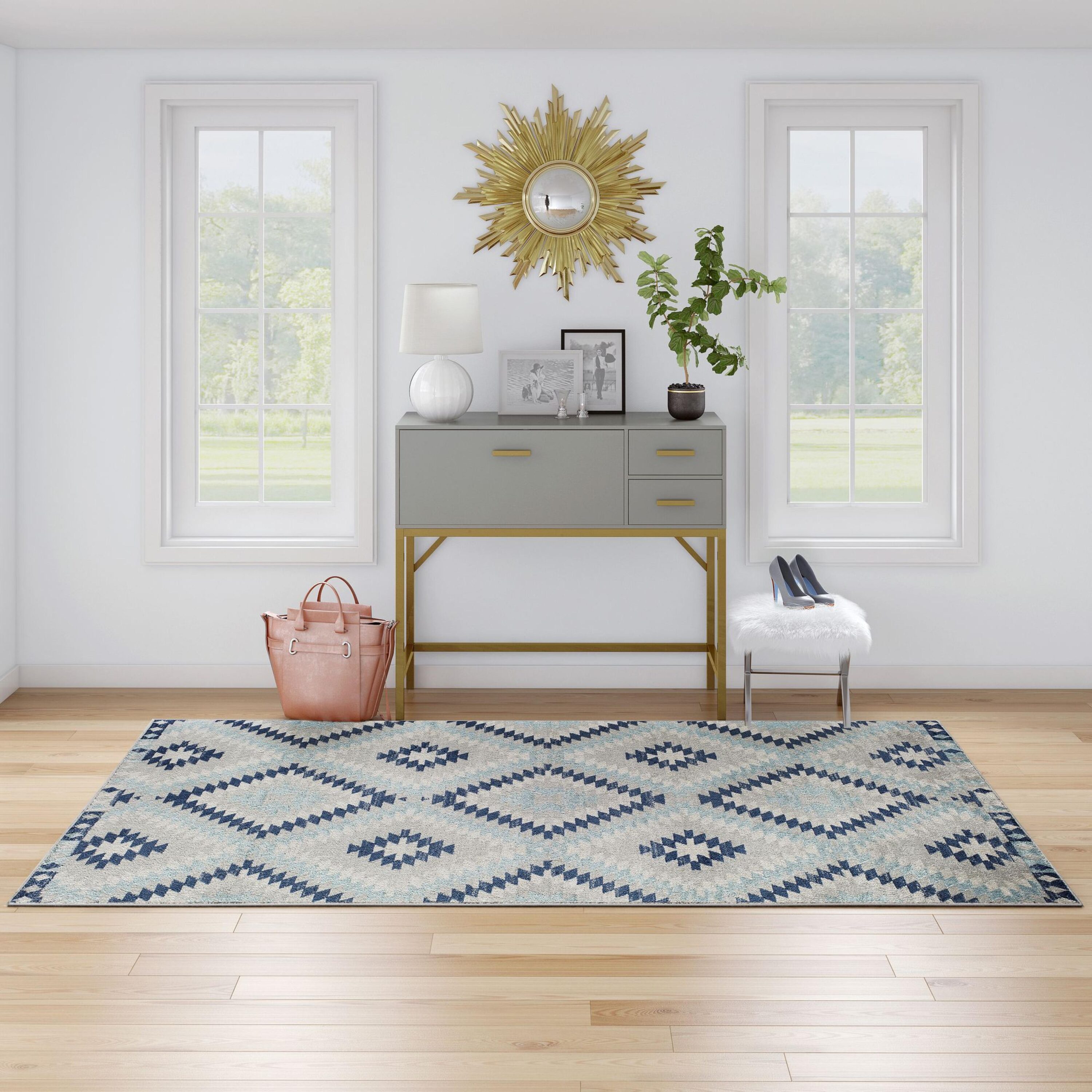 Ice Blue and Multicolor Synthetic Stain-Resistant Runner Rug