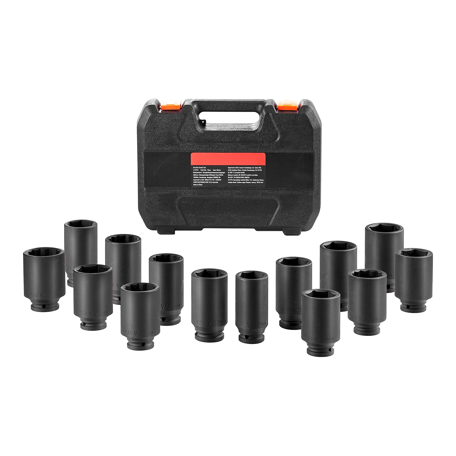 VEVOR SCZLMTTCZLM106234V0 Axle Nut Impact Socket Set 1/2-IN Drive Deep 6+12-Point 14-Piece Metric Spindle Nut Socket Set CR-V Heat Treated Large Socket Set with Storage Case Auto Repair Removing or Installing Axle Nuts