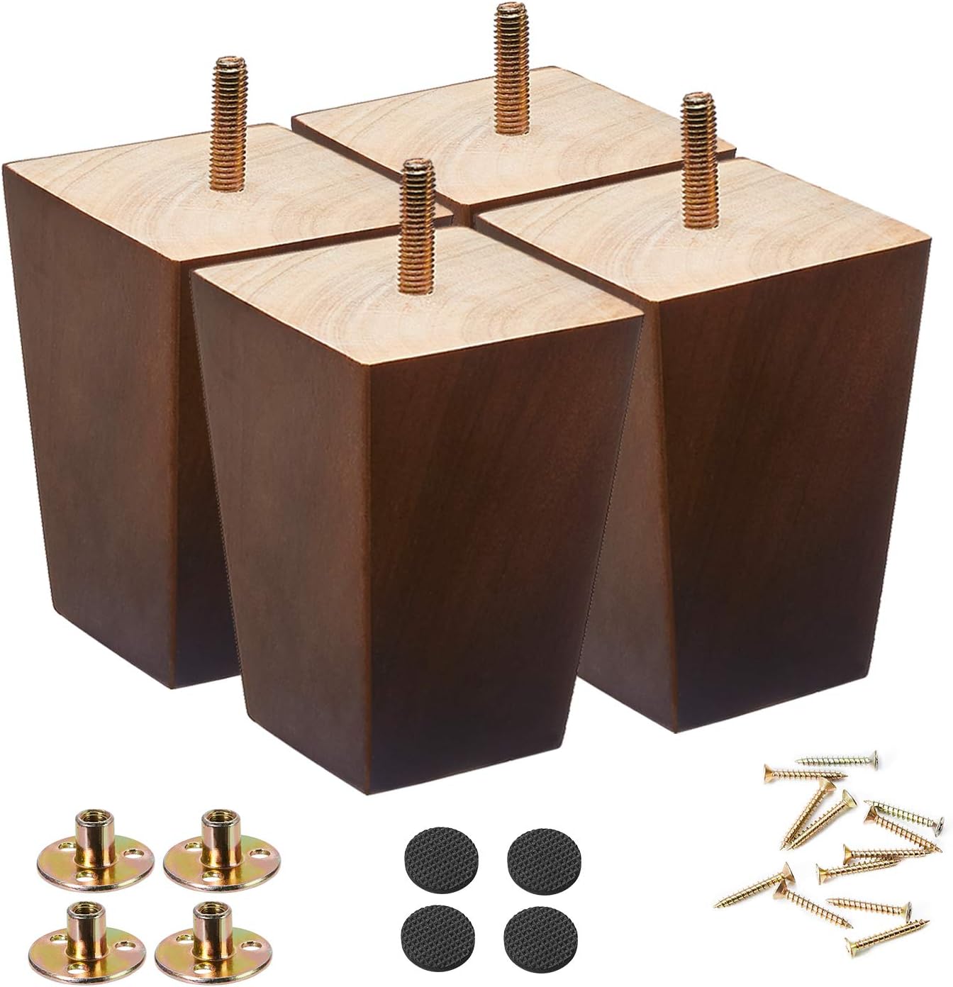 Wudkey 4-Pack 5 in. Brown Wood Furniture Square Legs with Floor Protection Mid Century Style Replacement Parts