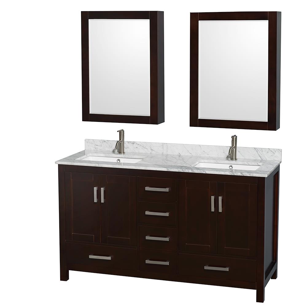 Wyndham Collection WCS141460DESCMUNSMED Sheffield 60-in Espresso with Brushed Chrome Trim Undermount Double Sink Bathroom Vanity with White Carrara Marble Natural Marble Top (Mirror Included)