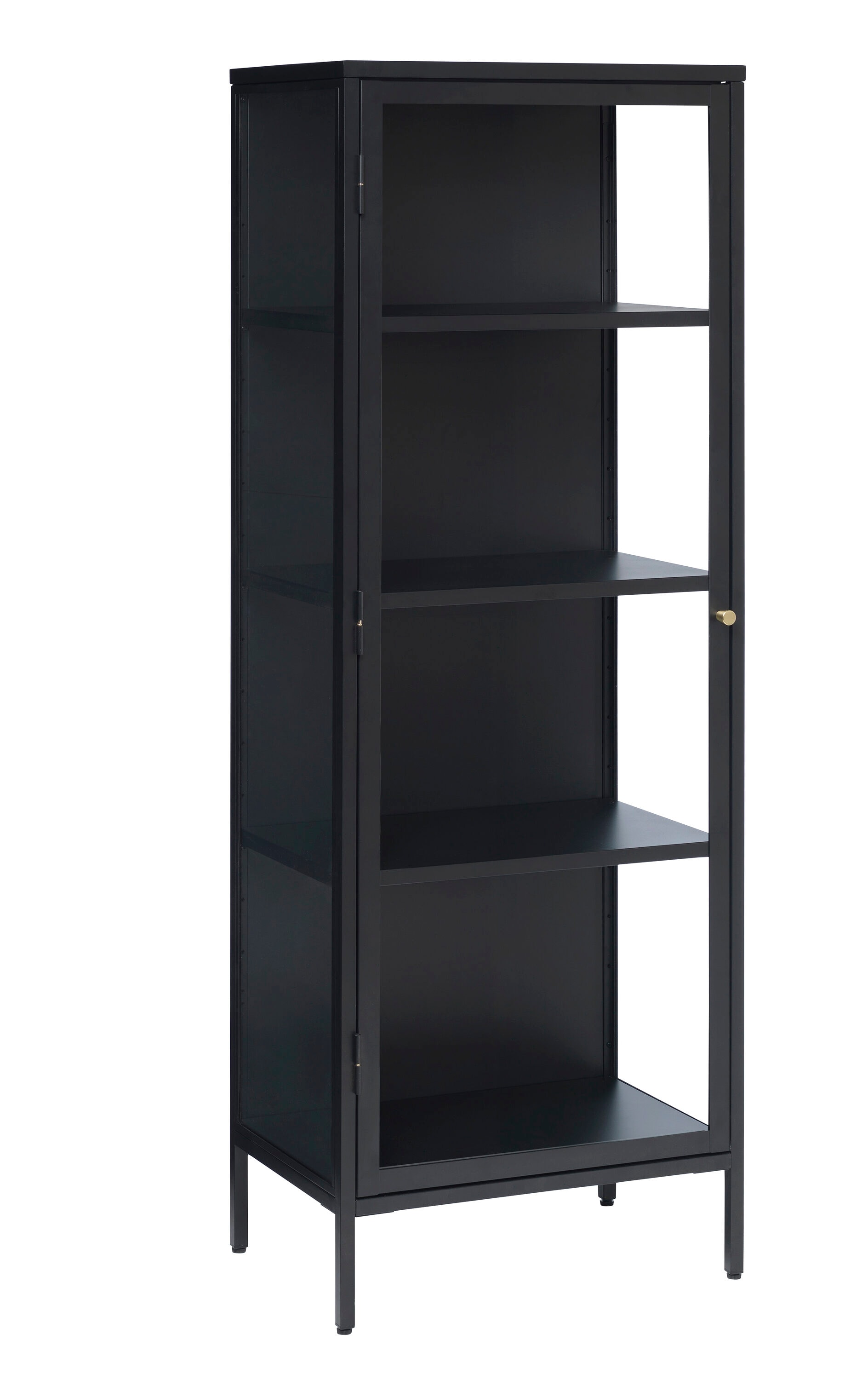 63-Inch Black Metal and Glass Display Cabinet with Brass Knobs