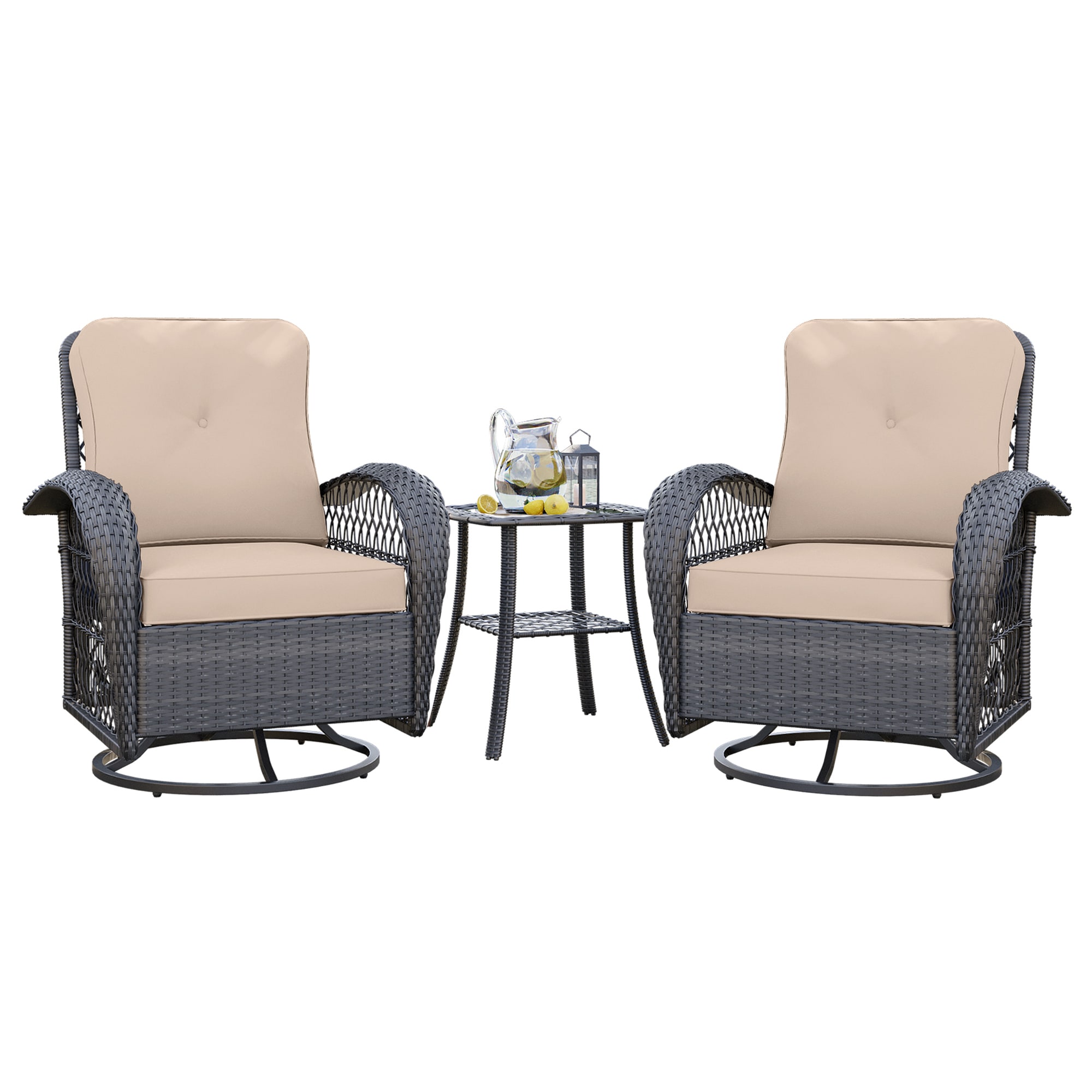 UPHA - 3-piece wicker swivel chairs with cushions Set of 2 Wicker Brown Iron Frame Swivel rocker ...