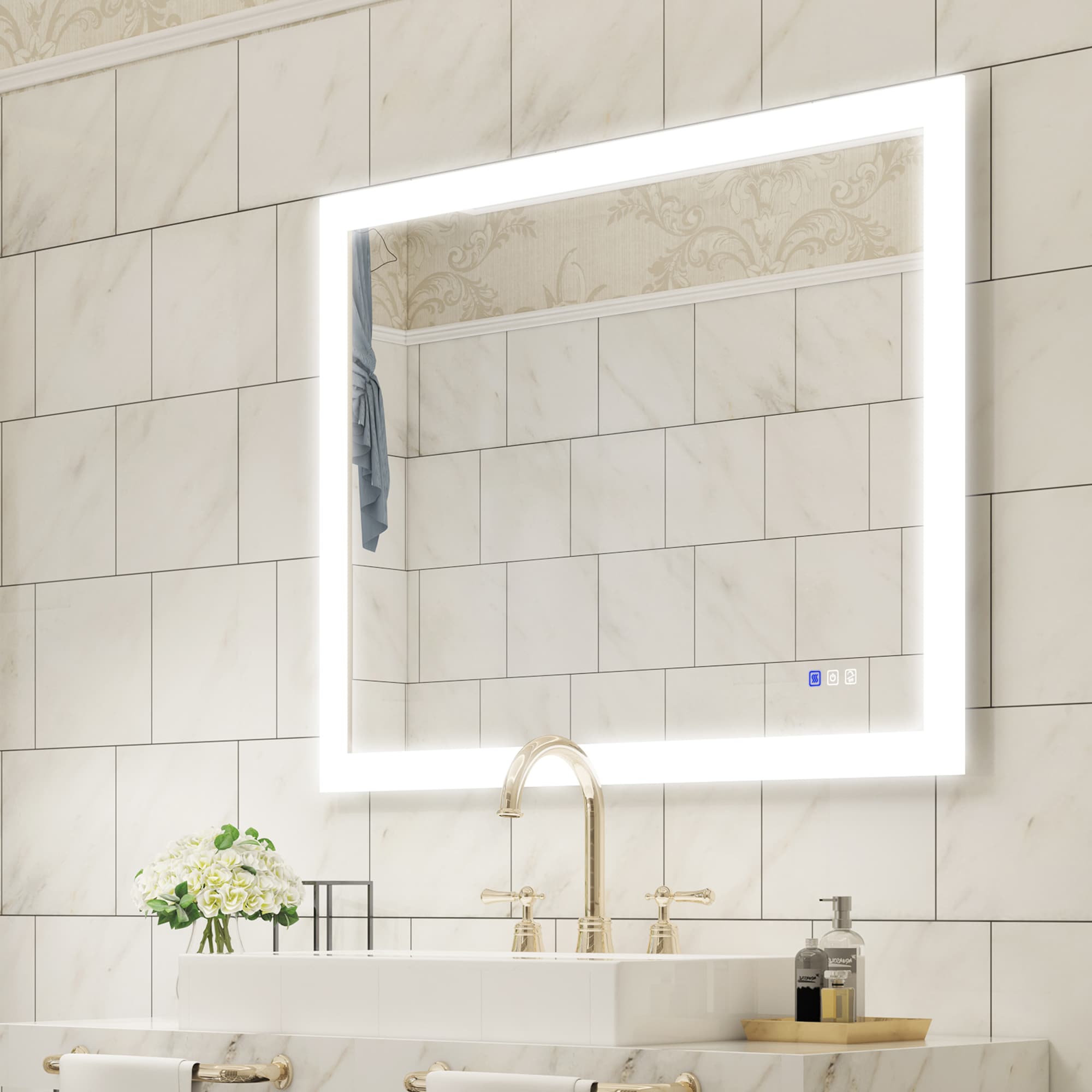 Forclover FLW-LP4032 40-Inches x 32-Inches Polished Frameless Rectangle Dimmable Lighted Fog Free Bathroom Vanity Mirror ( White )