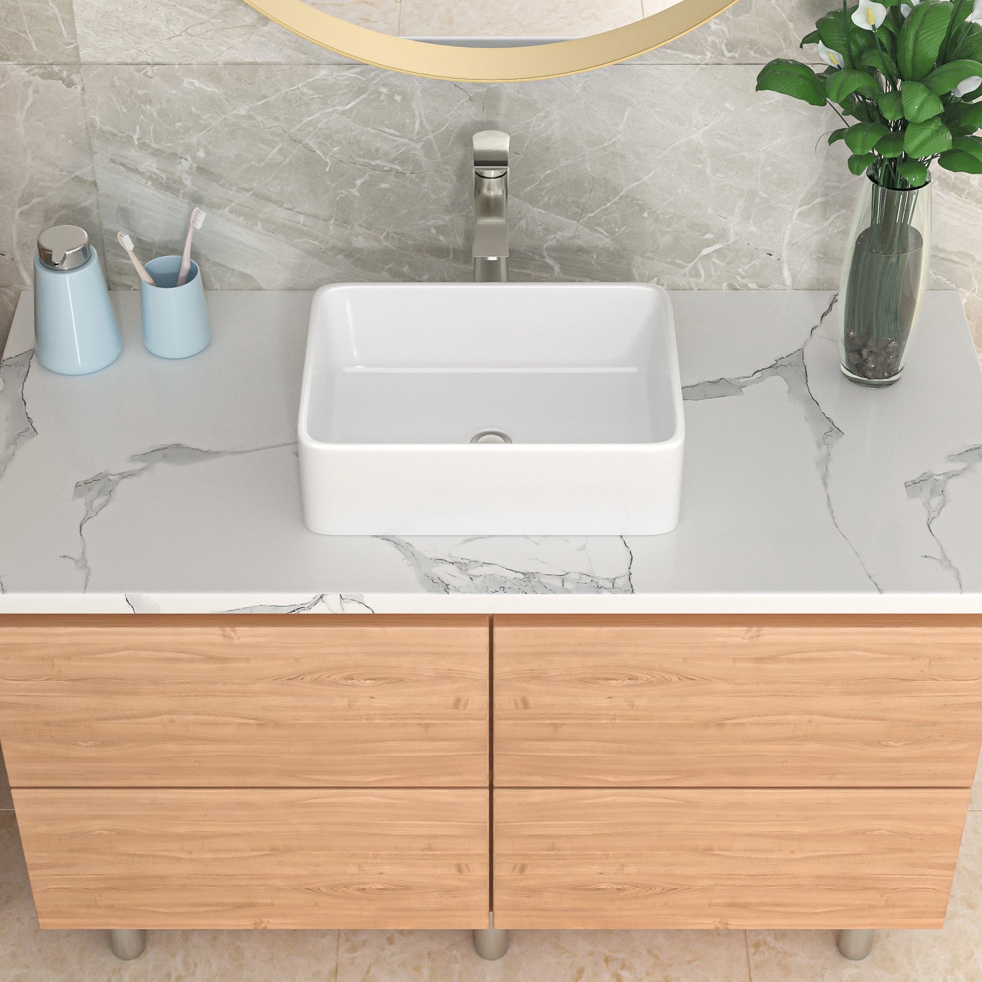 Lordear LD-LMP18001-SS Bathroom sink with faucet White Ceramic Vessel Rectangular Modern Bathroom Sink with Faucet Included (19-in x 15-in)