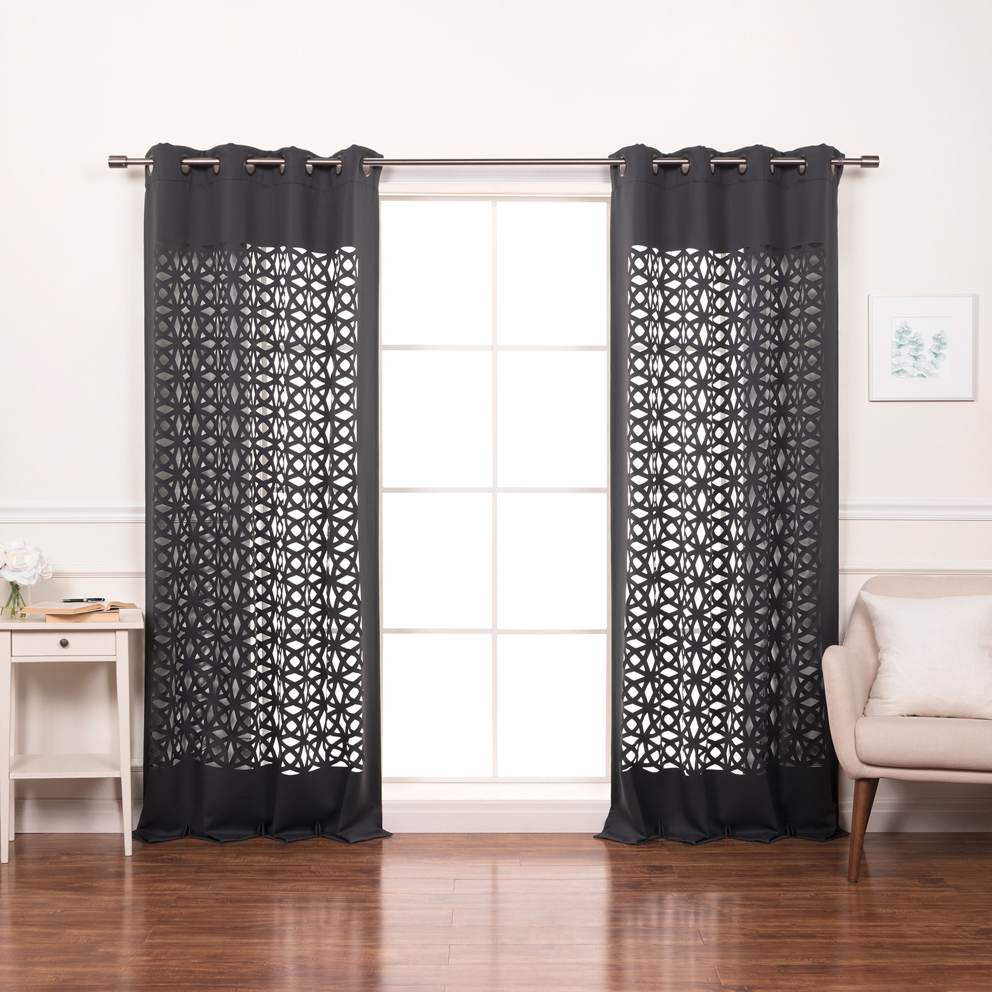 Set 2 Black White Geometric Trellis Curtains Panels Drapes 84 inch L Darkening 