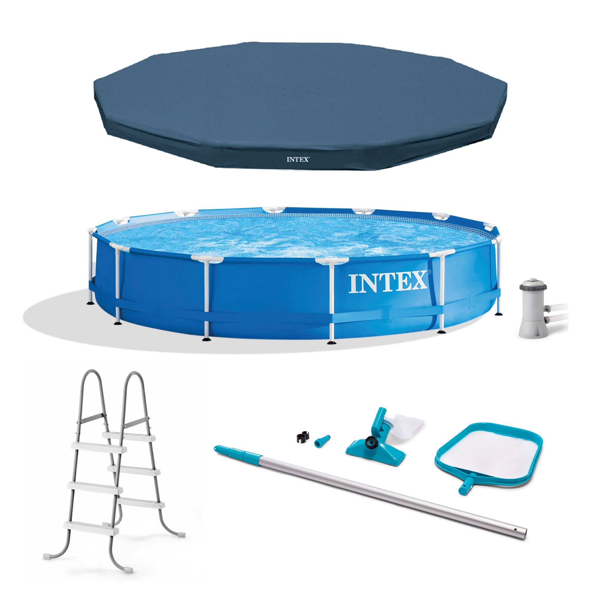 Intex 175772 28065E + 28002E + 28211EH + 28031E 12-Feet x 12-Feet x 30-Inches Metal frame Round Above-Ground Pool with Filter Pump with Pool Cover with Ladder