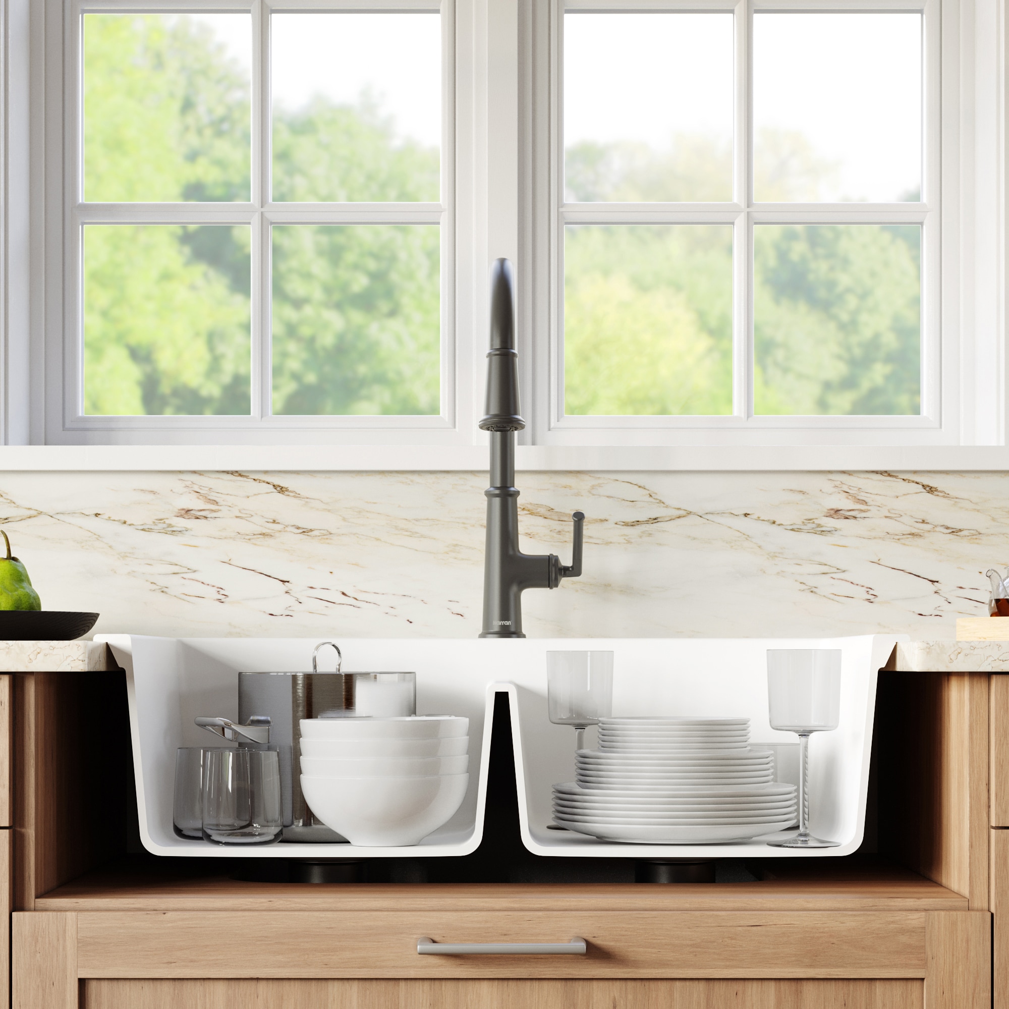 Karran Drop In 33 In X 22 In White Quartz Double Equal Bowl 1 Hole Kitchen Sink All In One Kit