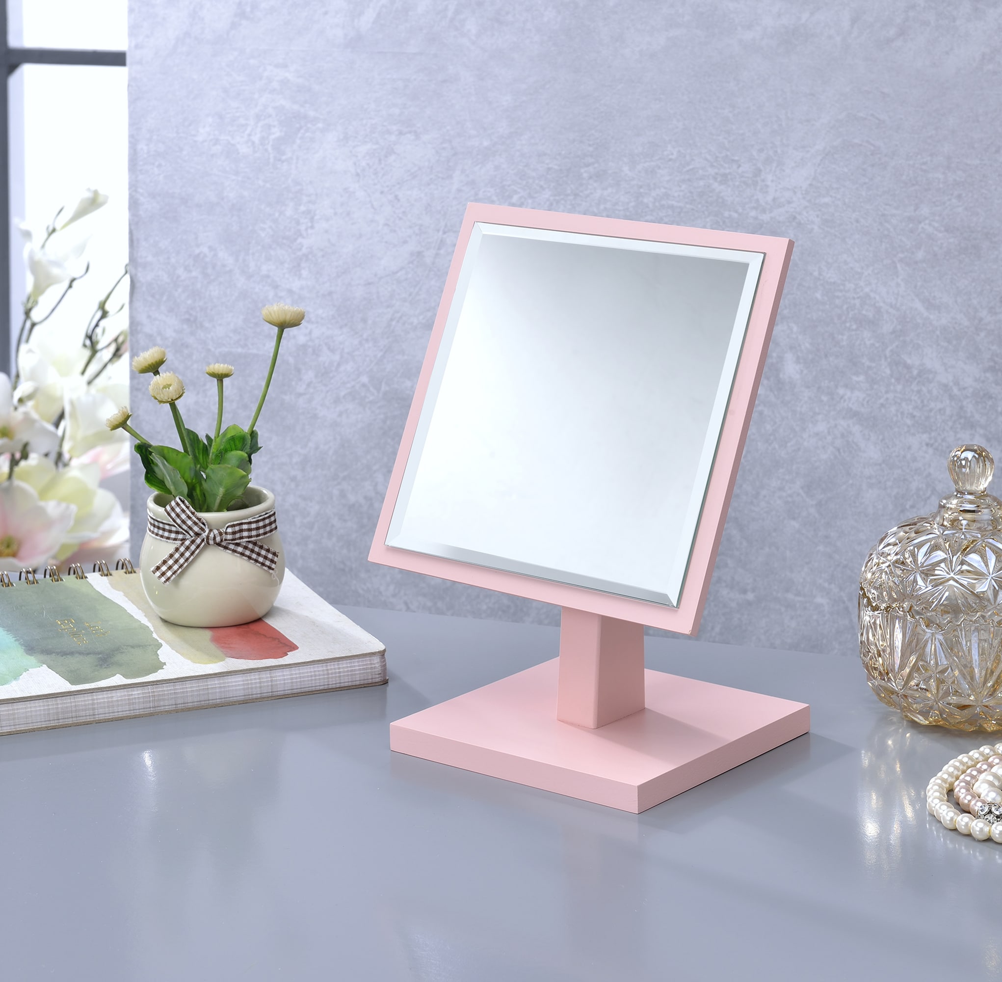 ORE International SUN-2 7-in x 9.25-in Antique Pink 1X Countertop Vanity Mirror