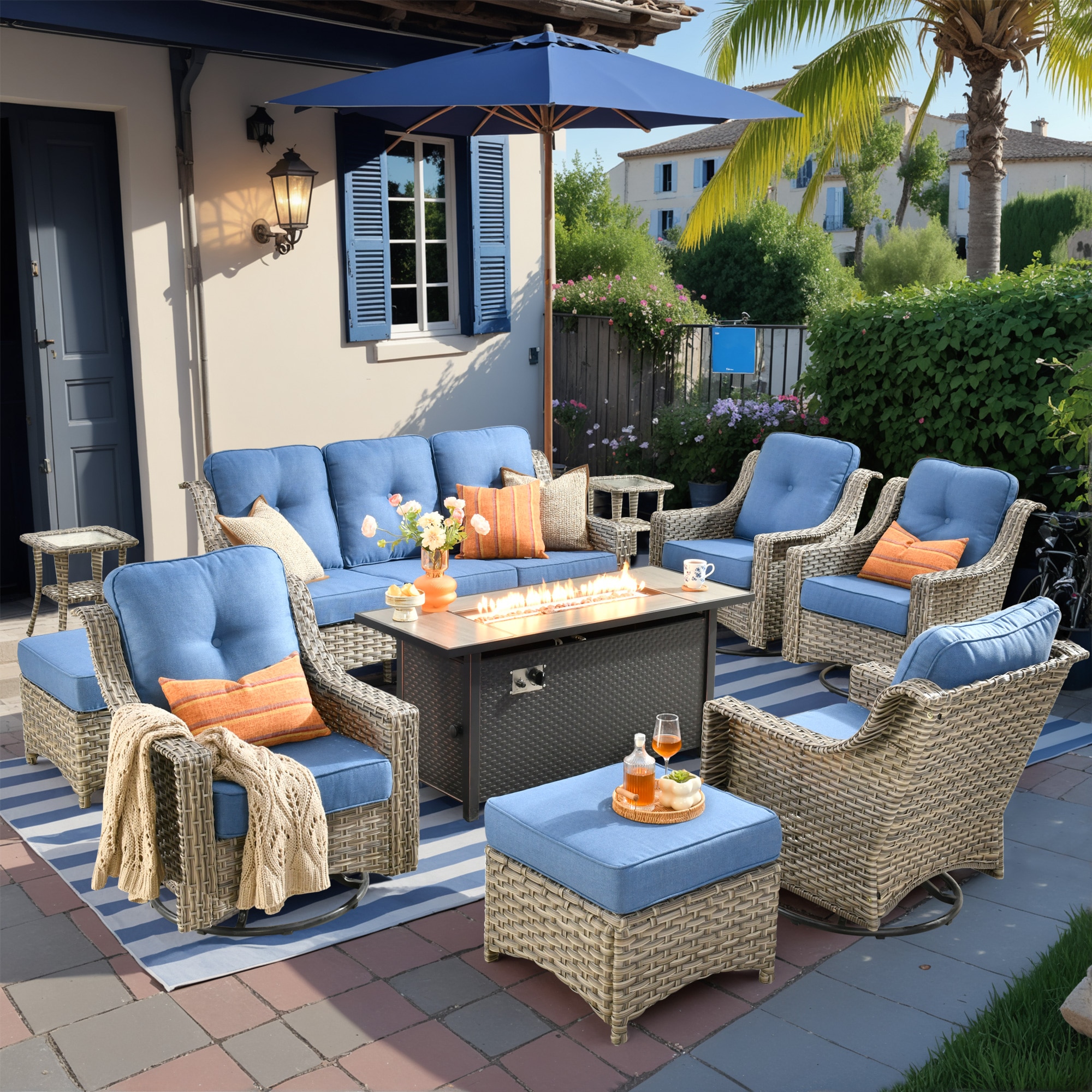 Caodoc L5-CFP03-YZPAD510 New right-Angles Rattan Outdoor Sectional with Blue Cushions and Rattan Frame