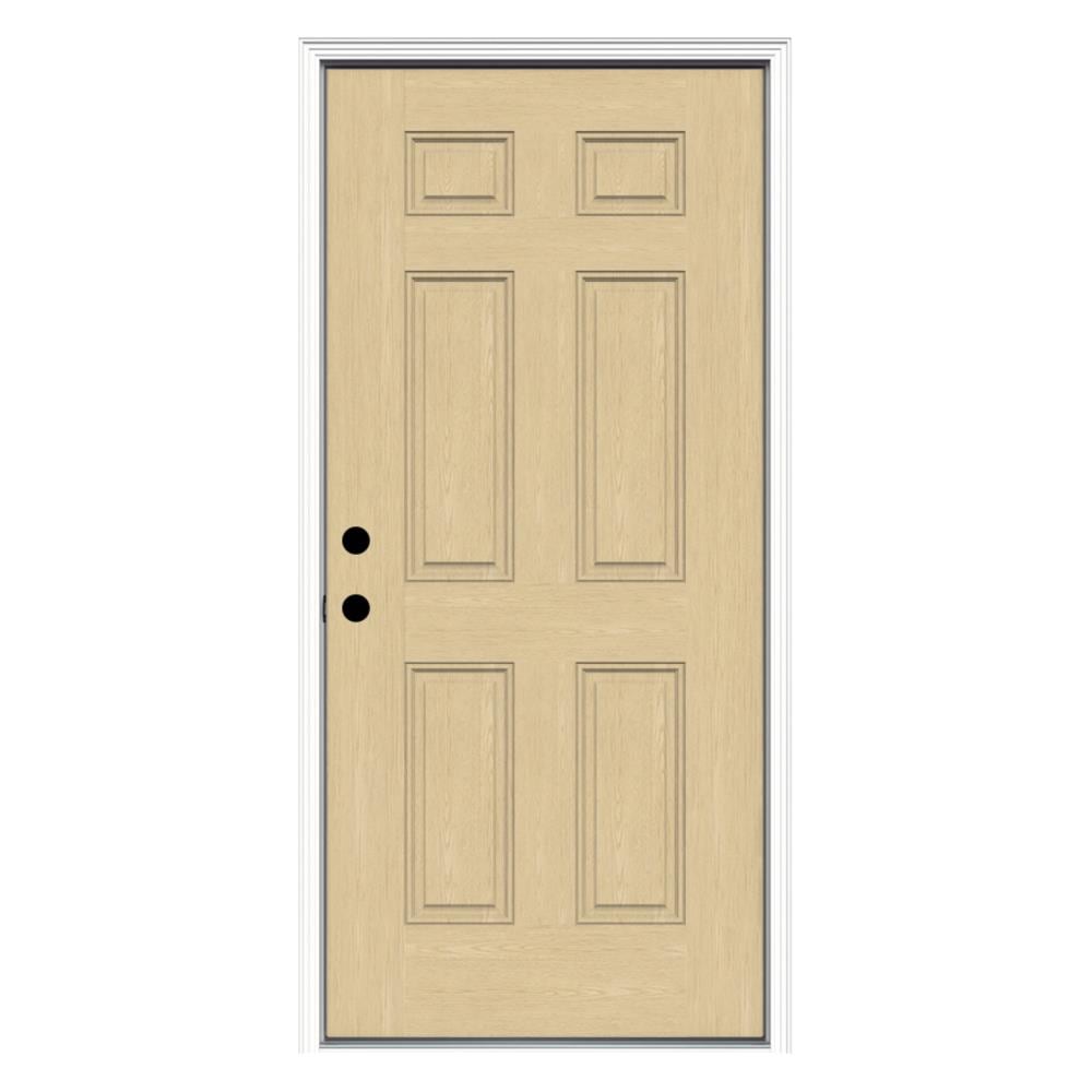 JELD-WEN LOWOLTFG366PRH 36-in x 80-in x 4-9/16-in Fiberglass No glass Right-hand inswing Unfinished Unfinished Prehung Front Door with Brickmould Insulating core